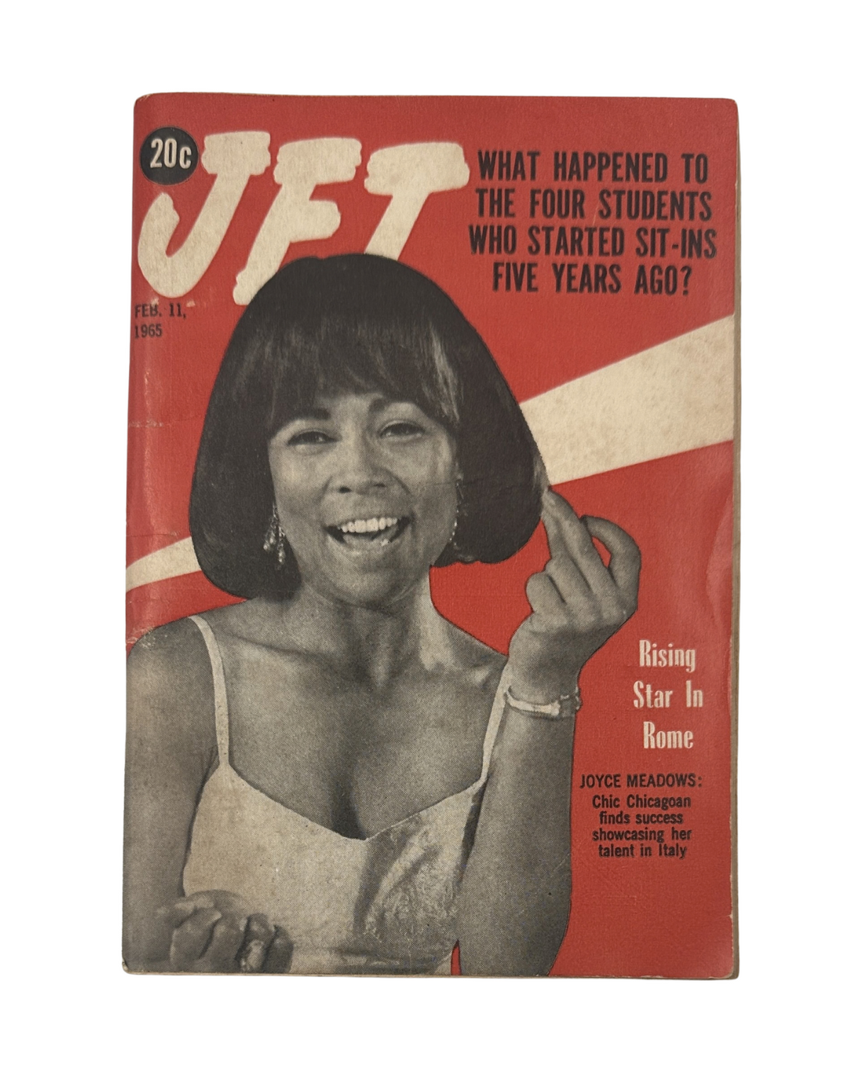 Cover of Jet Magazine from February 11, 1965 featuring Joyce Meadows with the title 'What Happened to the Four Students Who Started Sit-Ins Five Years Ago?' highlighting rising stars in entertainment.
