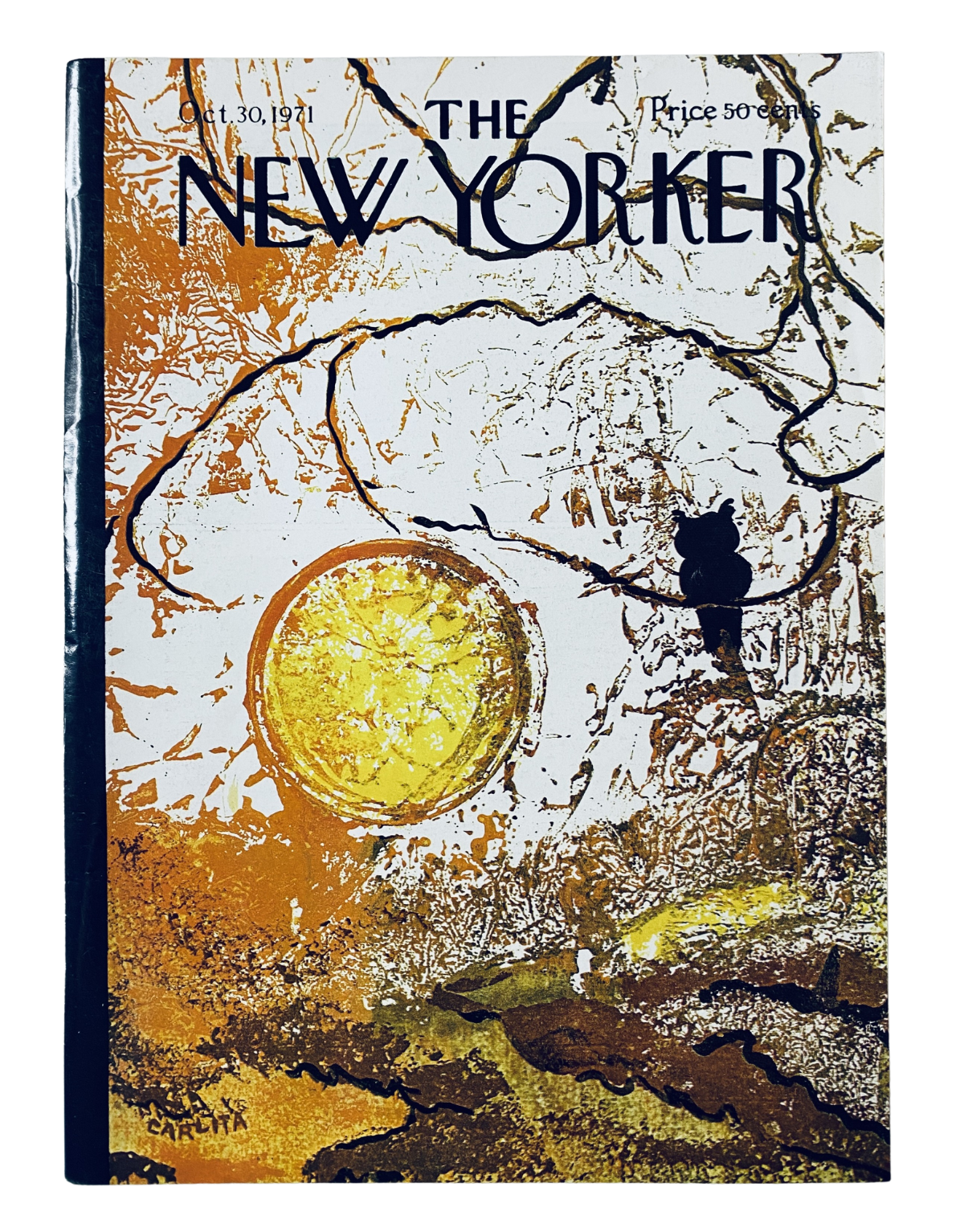 The New Yorker Magazine October 30, 1971 cover featuring artwork by Carlita Hunt, depicting a sun and abstract elements in warm tones.