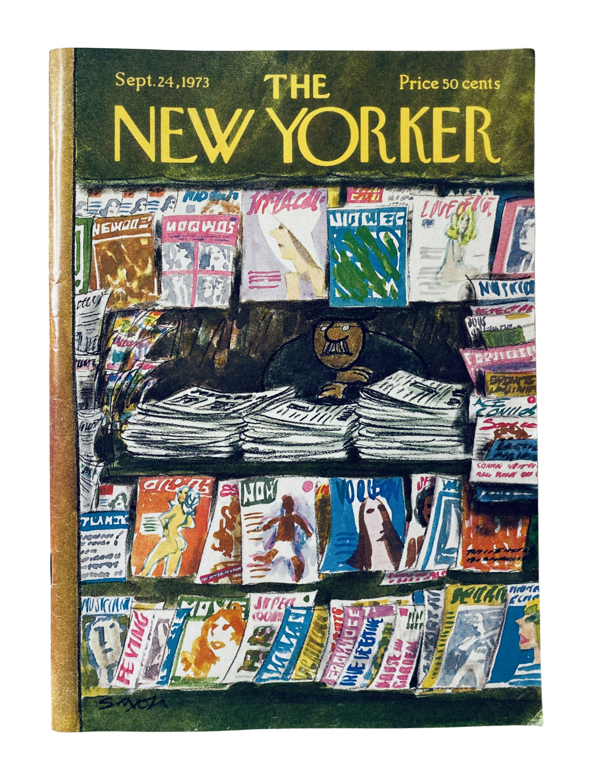 The New Yorker Magazine September 24, 1973 cover illustration by C. Saxon featuring a vibrant display of various magazines, highlighting the editorial style of the era, priced at 50 cents.