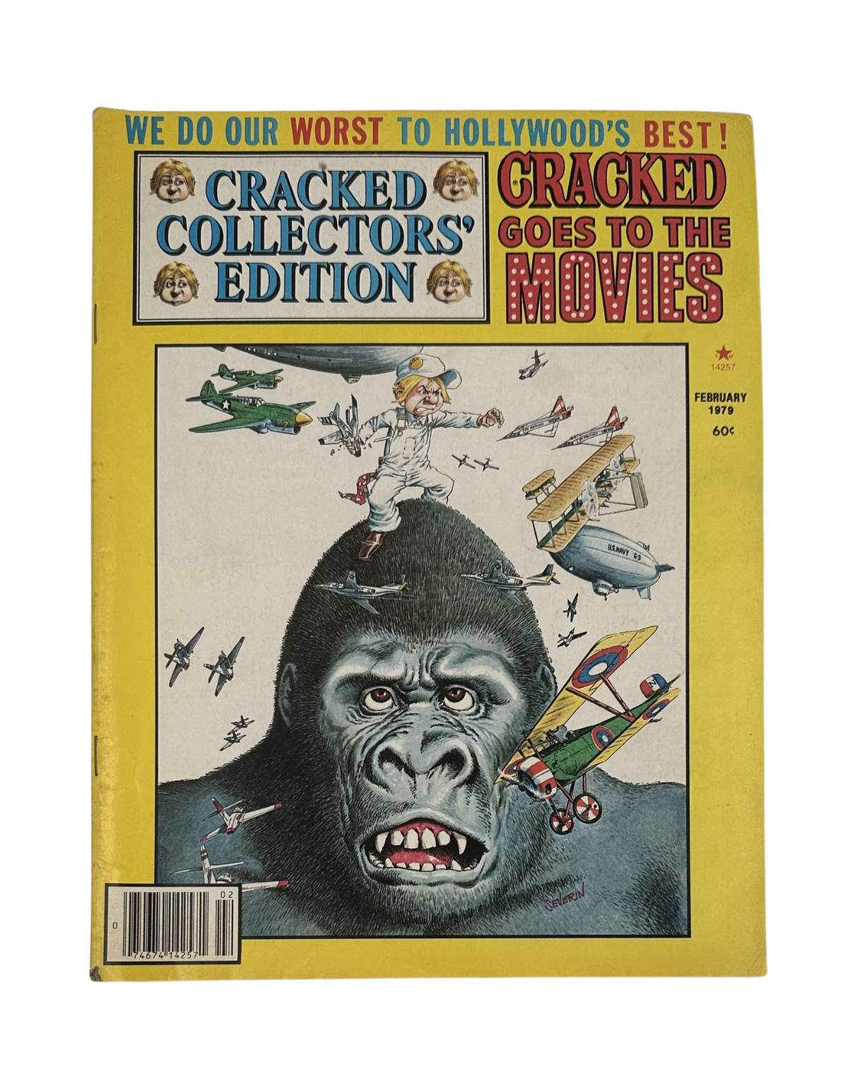 Cracked Magazine No. 14257 from February 1979, titled 'Cracked Goes to the Movies,' featuring a humorous cover illustration with a giant gorilla and planes, showcasing the magazine's signature parody style.