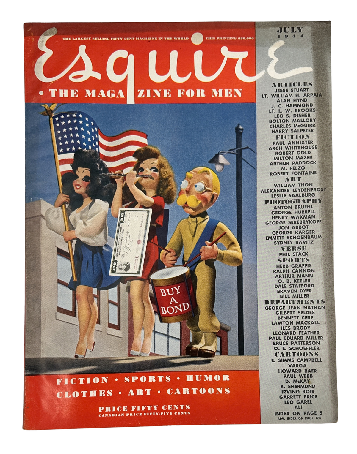 Esquire Magazine July 1944 featuring Varga Leydenfrost Bayonet Fighter foldout with pinup. Cover showcases patriotic themes with a cartoonish art style and highlights featured articles, including fiction, sports, and humor.