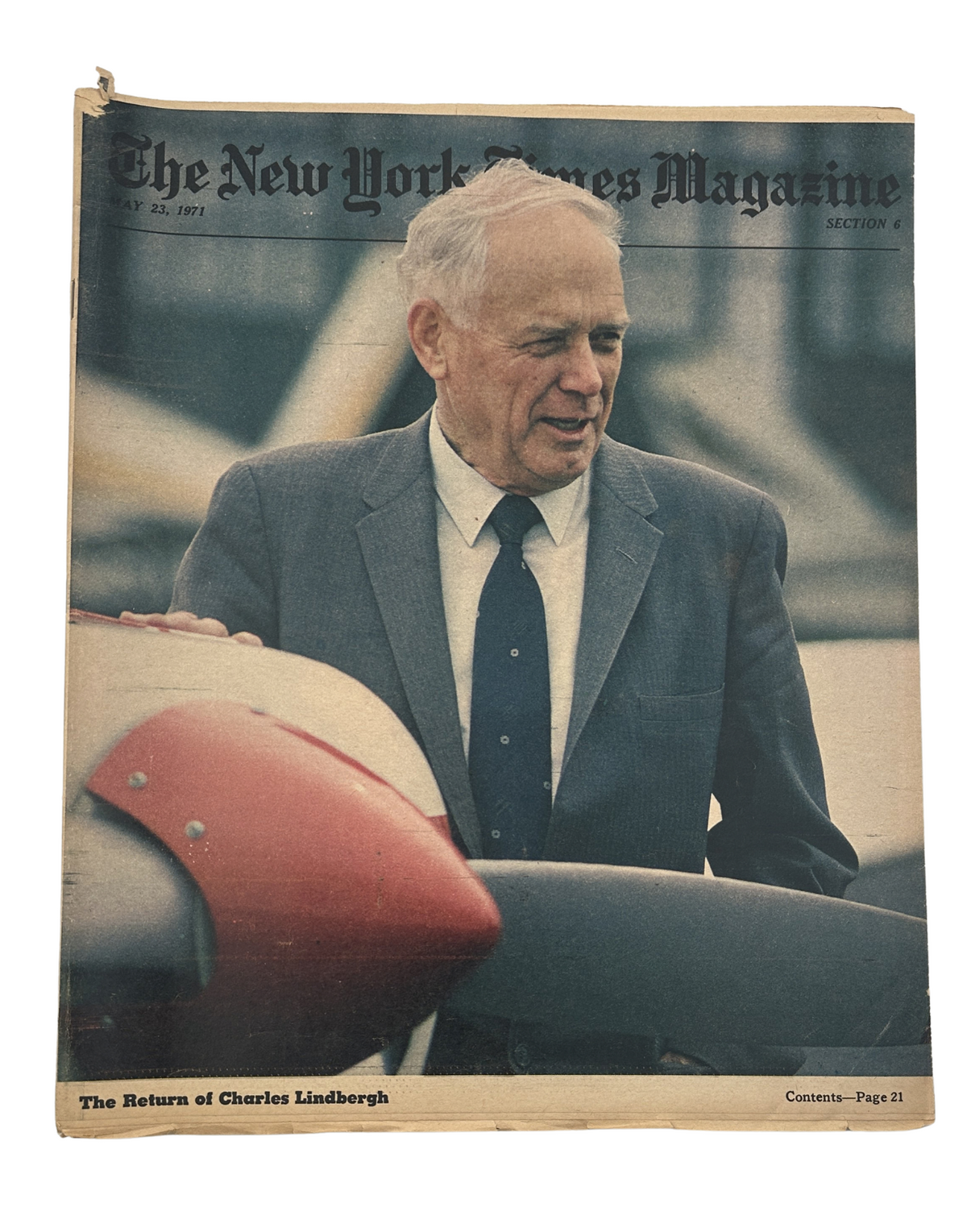 Cover of The New York Times Magazine dated May 23, 1971, featuring Charles Lindbergh, showcasing an image of him next to a lightplane. The cover highlights the article 'The Return of Charles Lindbergh' on page 21.