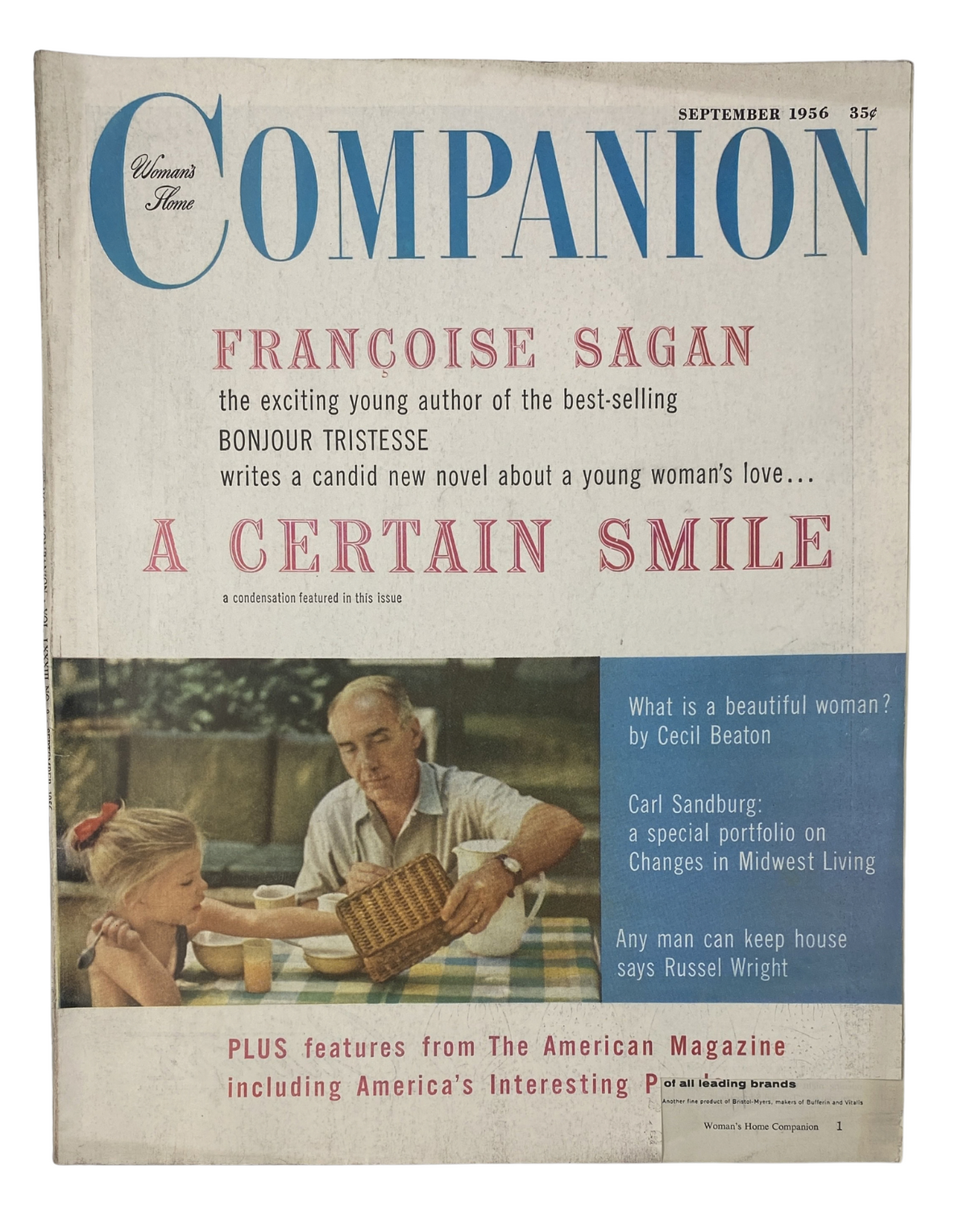 Cover of Woman’s Home Companion Magazine from September 1956 featuring prominent author Francoise Sagan's novel 'A Certain Smile'. The cover showcases a sandy-haired girl with an elder man in a garden, emphasizing the theme of family and companionship.
