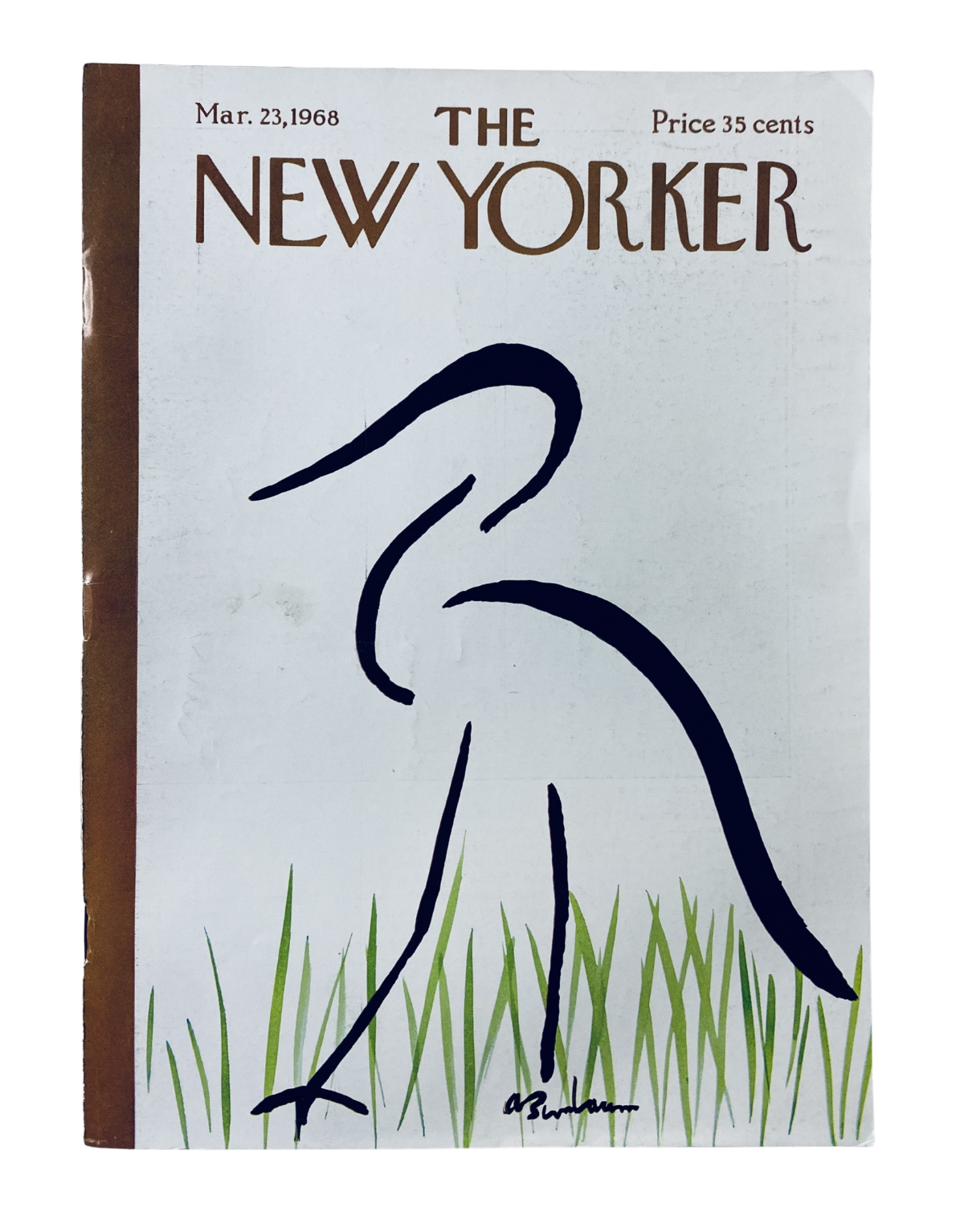 Cover of The New Yorker Magazine from March 23, 1968 featuring a bird illustration by Abe Birnbaum, displaying a minimalist design with a white background and grass.
