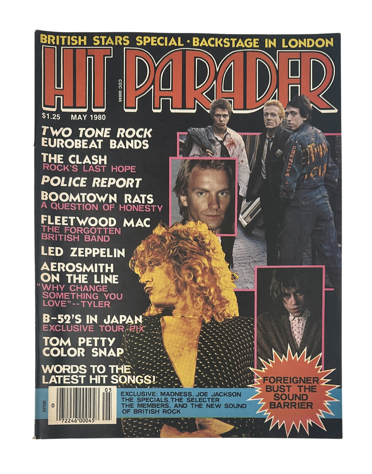 Hit Parader Magazine May 1980 cover featuring iconic bands including The Clash, Led Zeppelin, and B-52's with highlights on music articles and features of the era.