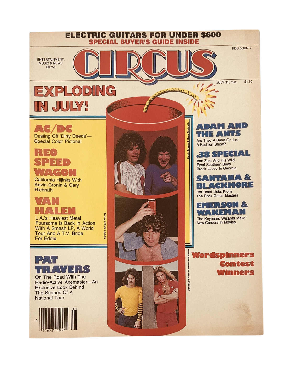 Circus Magazine cover from July 31, 1981 featuring AC/DC, REO Speedwagon, and Van Halen. The cover showcases a vibrant design with a notable poster inclusion.