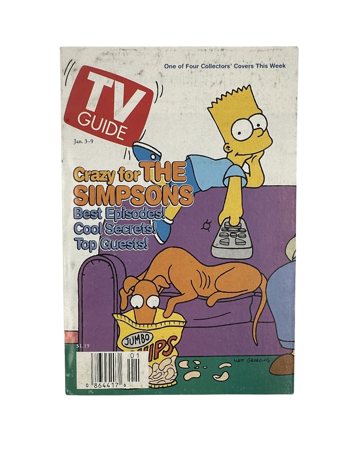 TV Guide Magazine cover from January 3, 1998 featuring The Simpsons with Bart Simpson and a dog, highlighting the best episodes and top guest appearances.