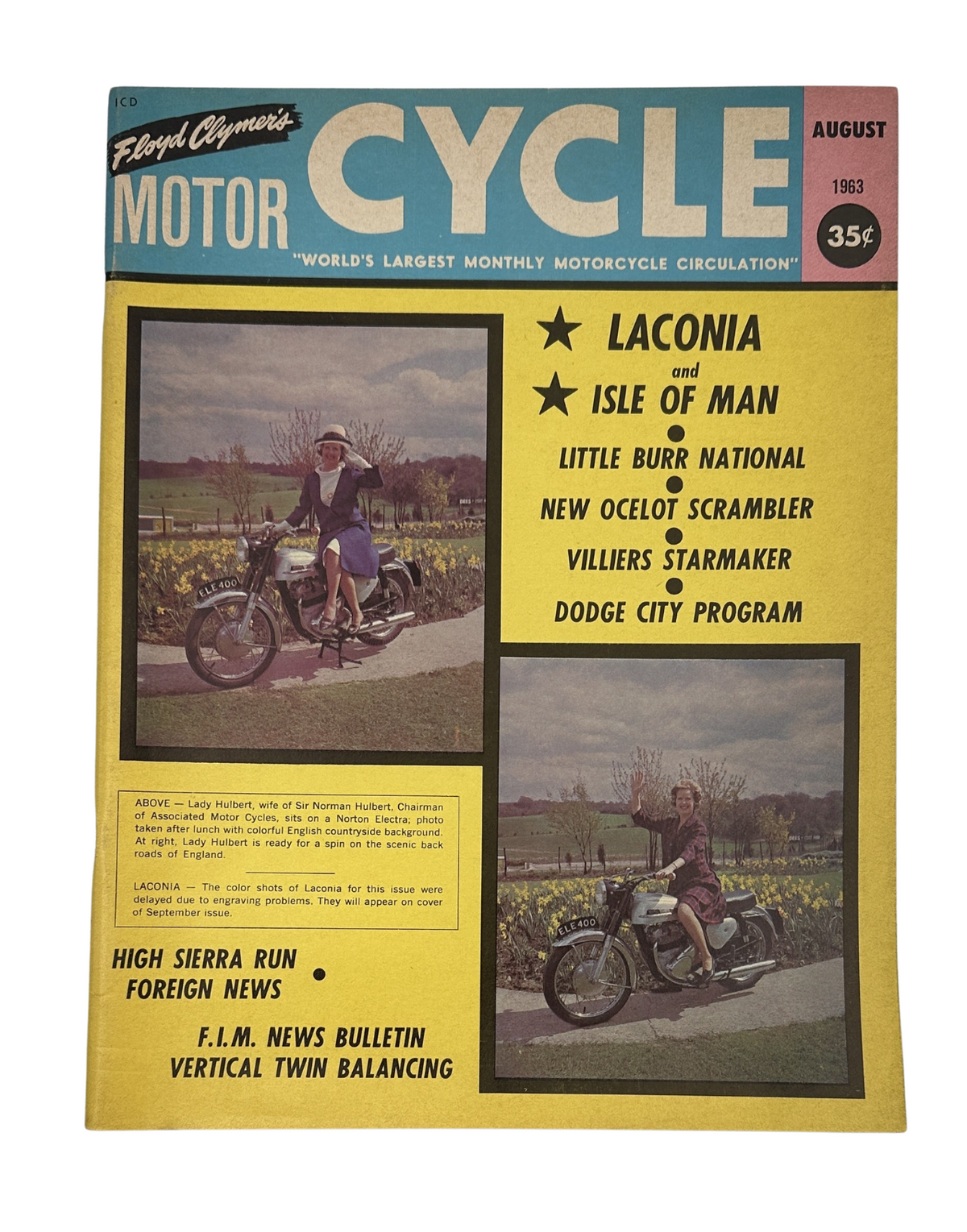 Cycle Magazine August 1963 cover featuring Laconia and Isle of Man with images of the new Ocelot Scrambler and a motorcycle rider. This issue illustrates key events in motorcycle racing, including the Villiers Starmaker engine and international motorcycle news.