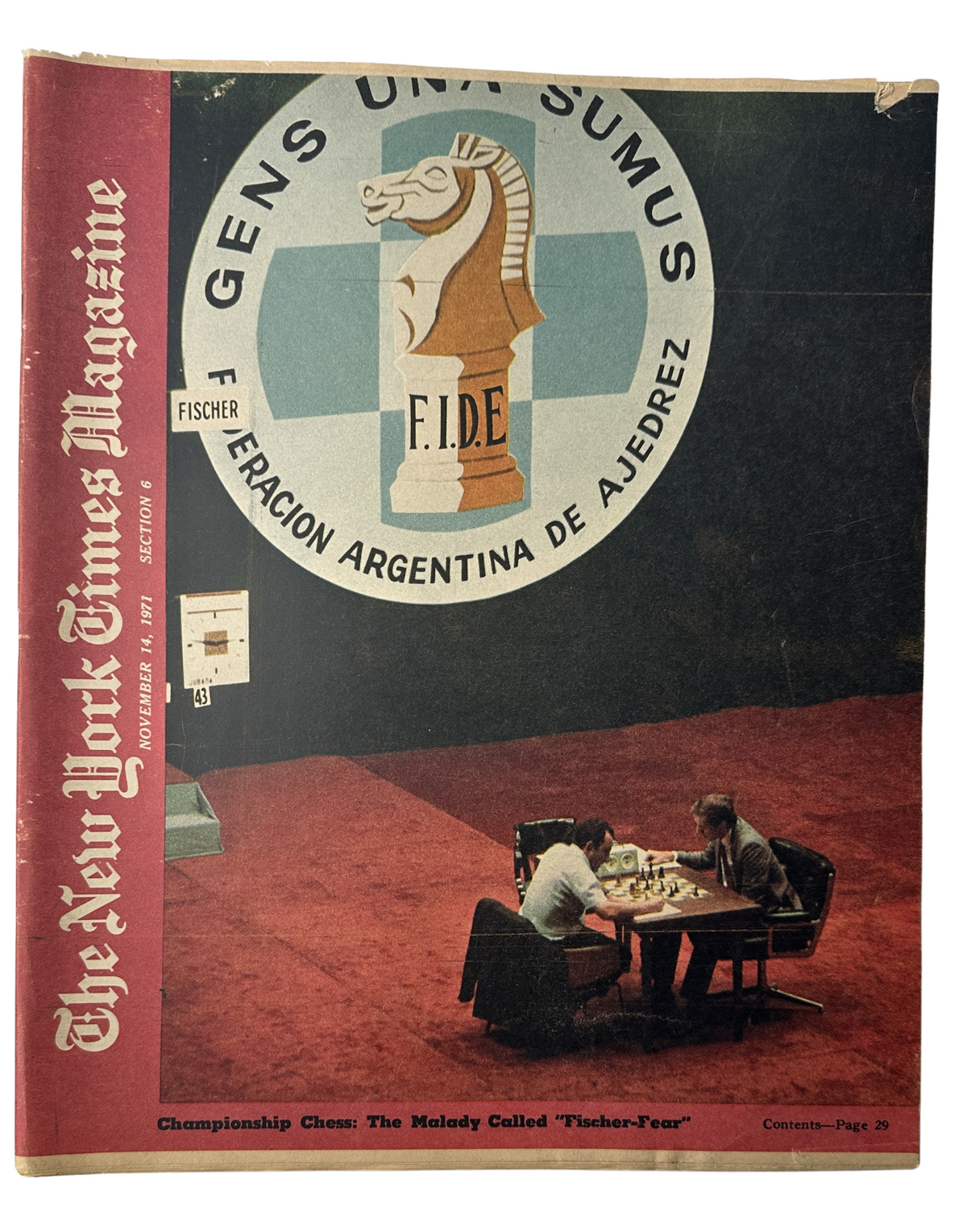 The New York Times Magazine November 14, 1971 cover featuring a chess match between Bobby Fischer and Tigran Petrosian with the title 'Championship Chess: The Malady Called Fischer-Fear'.