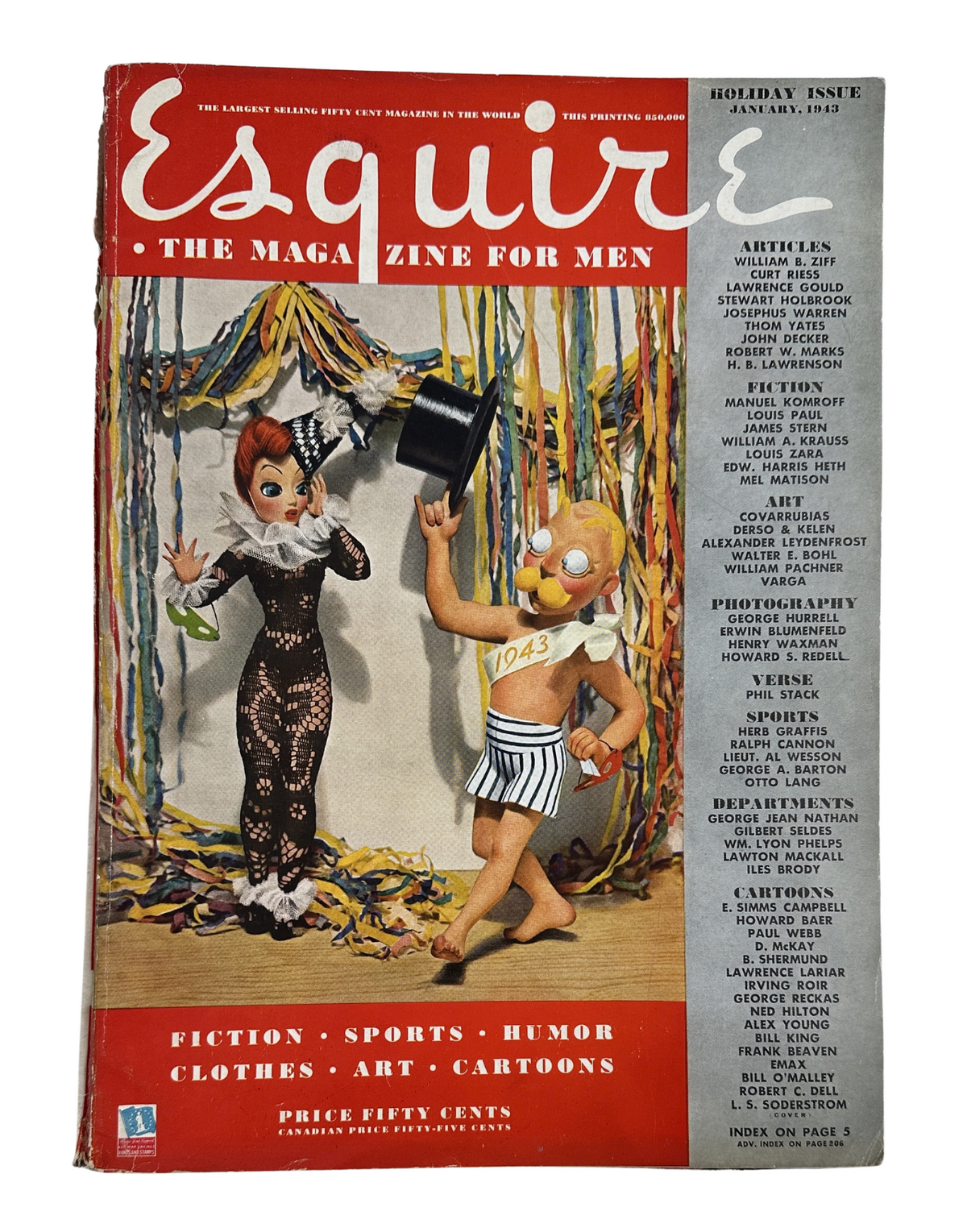 Esquire Magazine January 1943 cover featuring illustrations of a clown and a character in a striped outfit, showcasing festive designs. Highlighted title reads 'Esquire - The Magazine for Men'.