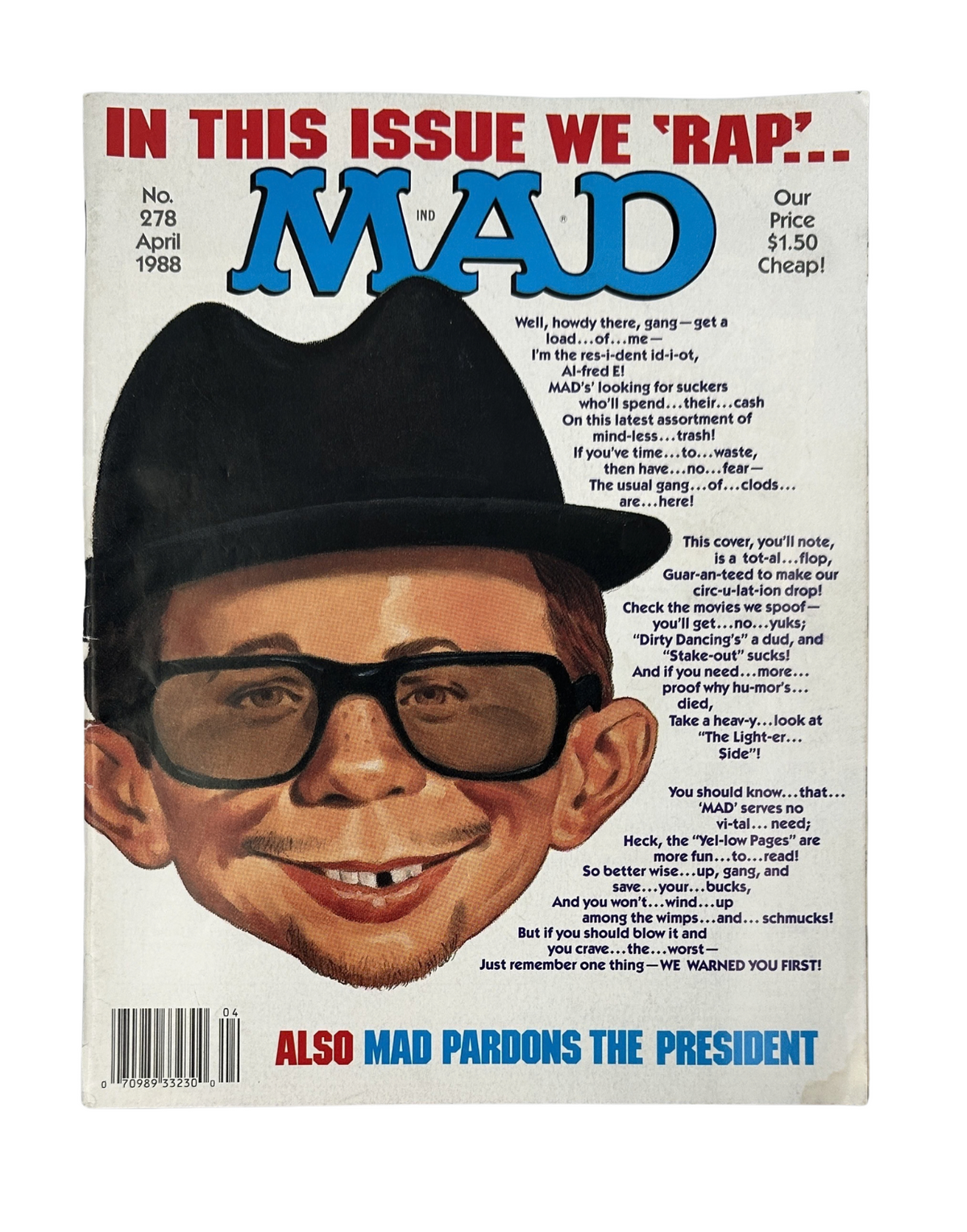 Cover of MAD Magazine No. 278 from April 1988 featuring a humorous caricature of a character in oversized glasses and a hat, promoting the issue's satire on Dorky Dancing and Dirty Dancing.