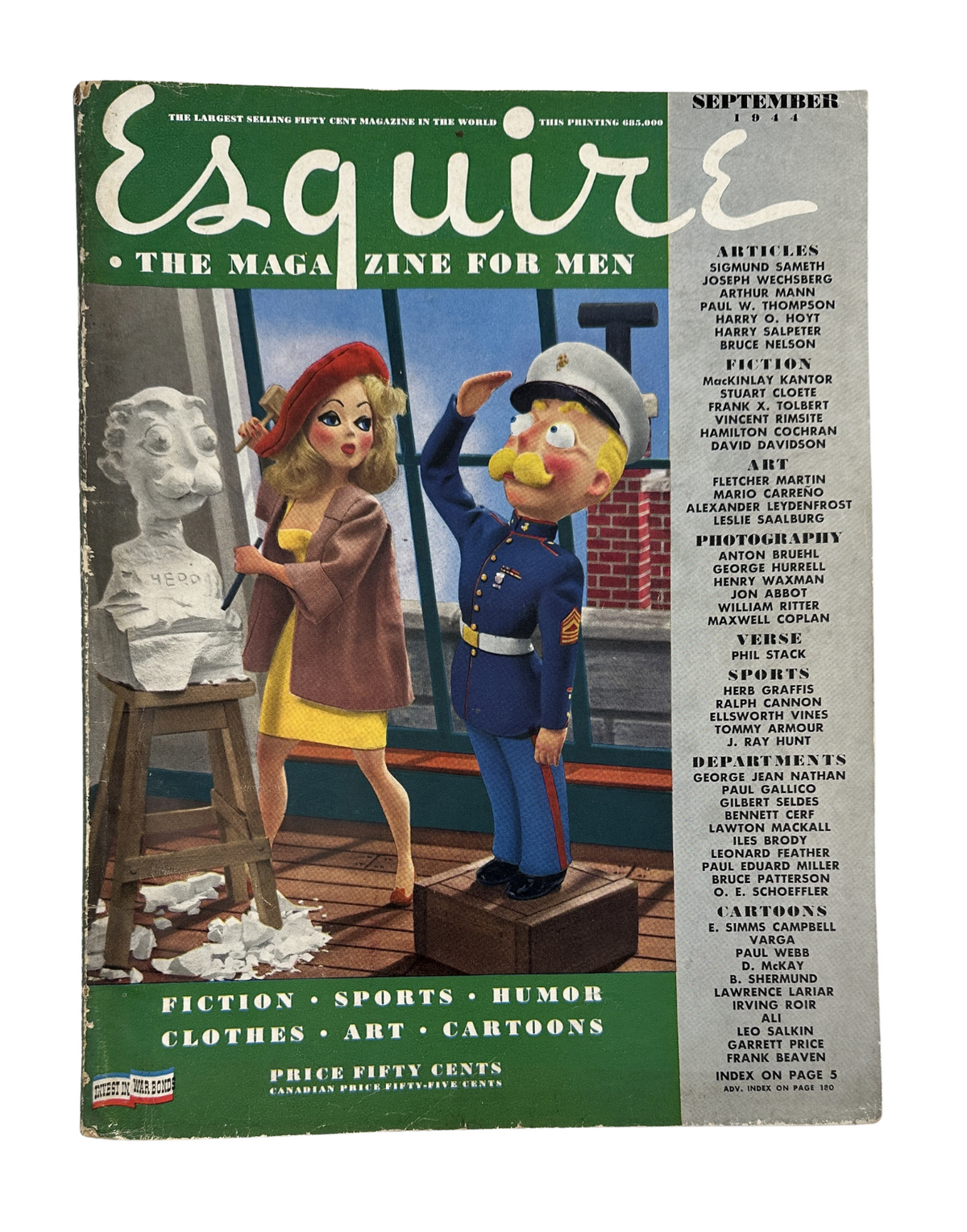 Esquire Magazine September 1944 cover featuring colorful illustrations of a pinup girl and a military figure, showcasing vintage artwork by Varga.