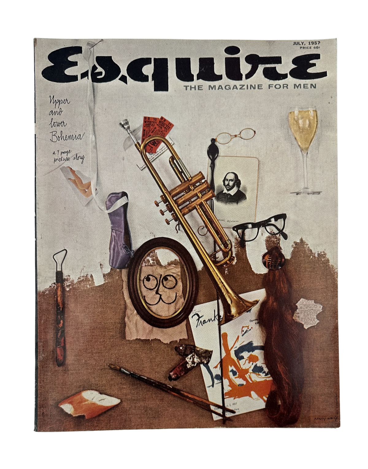 Esquire Magazine July 1957 cover featuring a creative collage of objects including a trumpet, glasses, a sketch, and a wine glass, reflecting themes of art and leisure, highlighting articles on Aristotle Onassis and Ettore Bugatti.