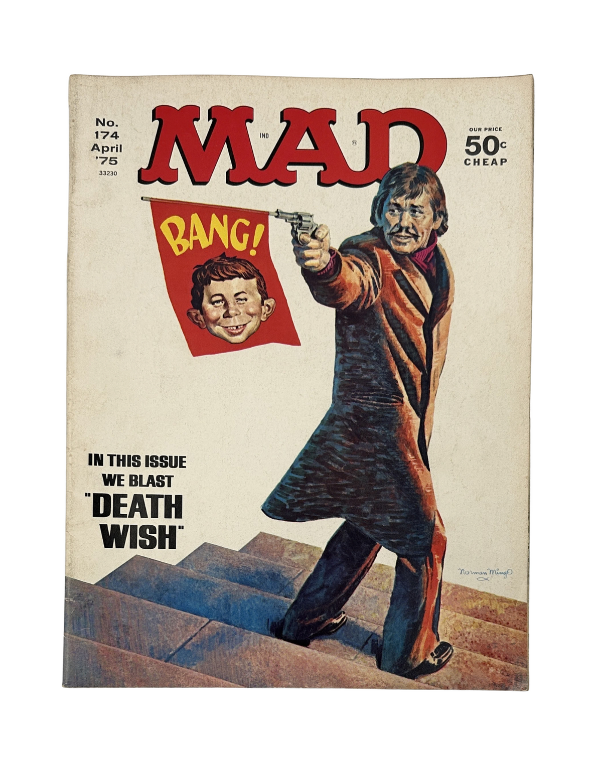 Cover of MAD Magazine No. 174, April 1975, featuring a satire of the movie 'Death Wish' with a character pointing a gun and the word 'BANG!' displayed, showcasing the magazine's humorous take on film culture.