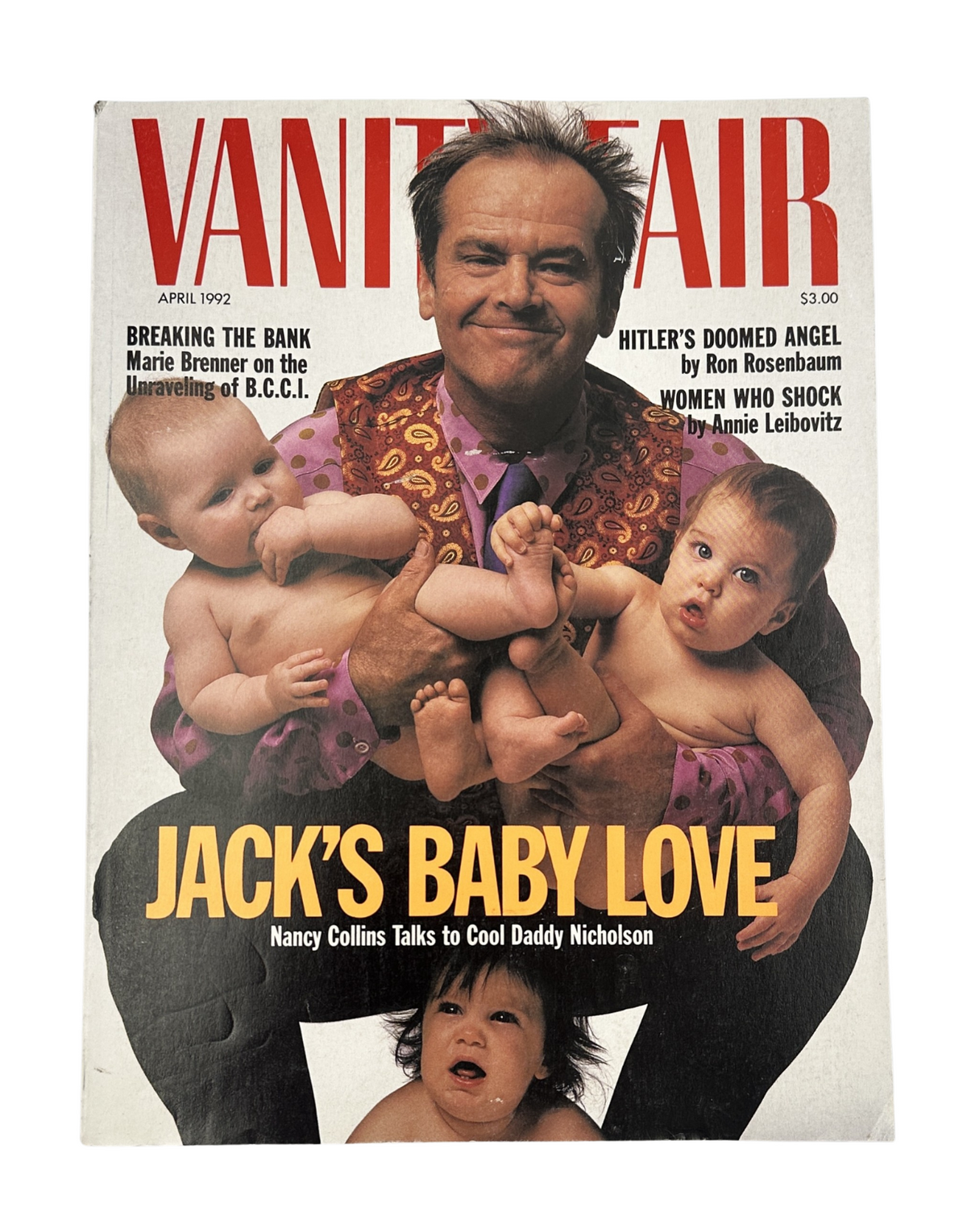 Vanity Fair Magazine April 1992 featuring Jack Nicholson on the cover, displaying him surrounded by three babies with the title "Jack's Baby Love." This issue highlights an article about Nicholson's family and career.
