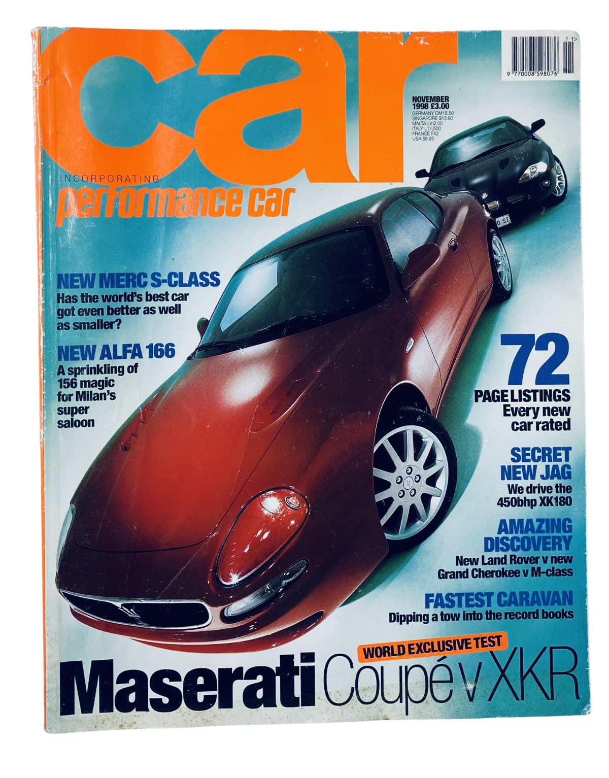 Car Magazine November 1998 cover featuring Maserati 3200GT and Jaguar XKR, showcasing new car models and automotive reviews.