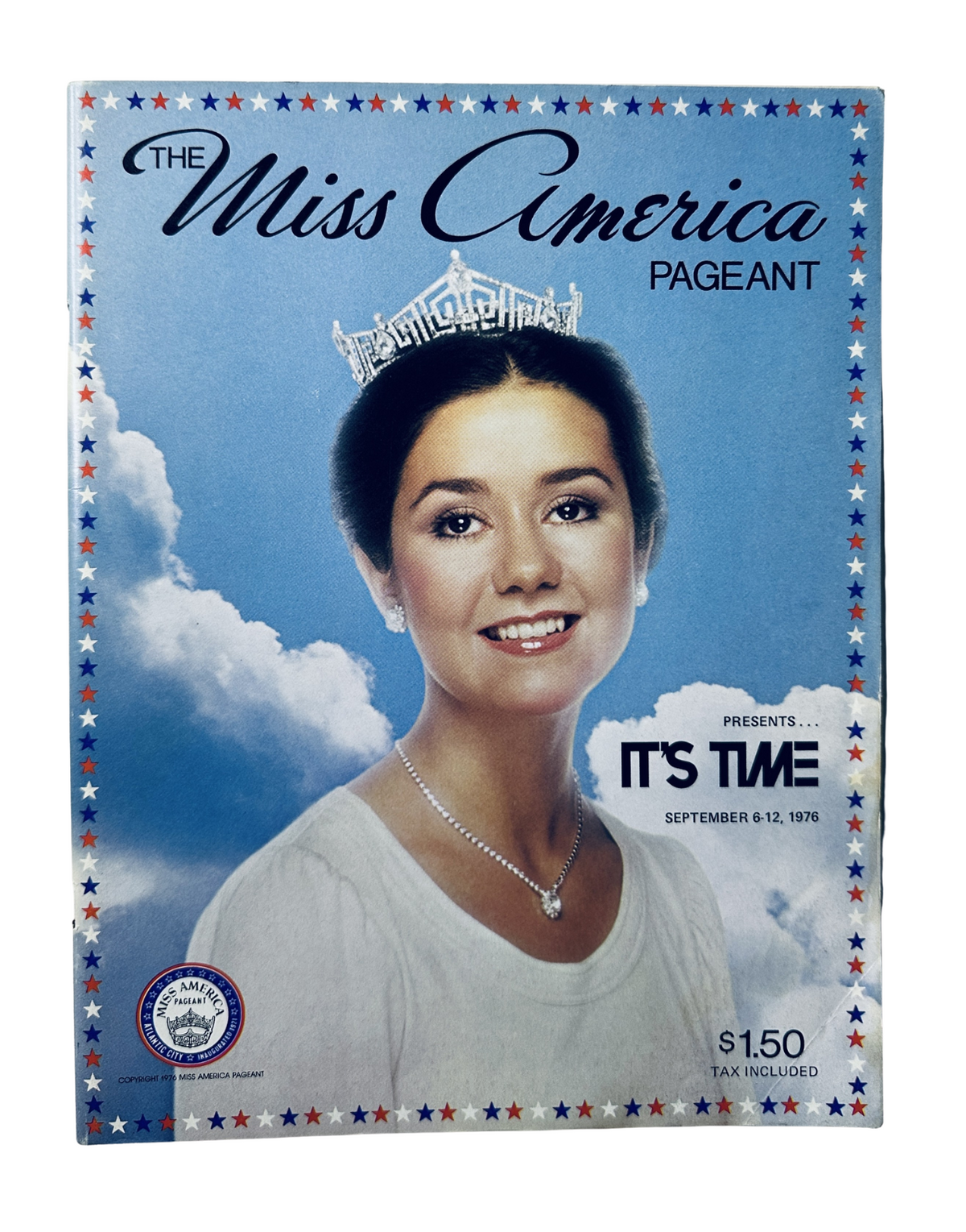 Cover of the Miss America Pageant Magazine from September 6-12, 1976 featuring Tawny Godin, showcasing her wearing a crown and a smile against a bright blue sky.