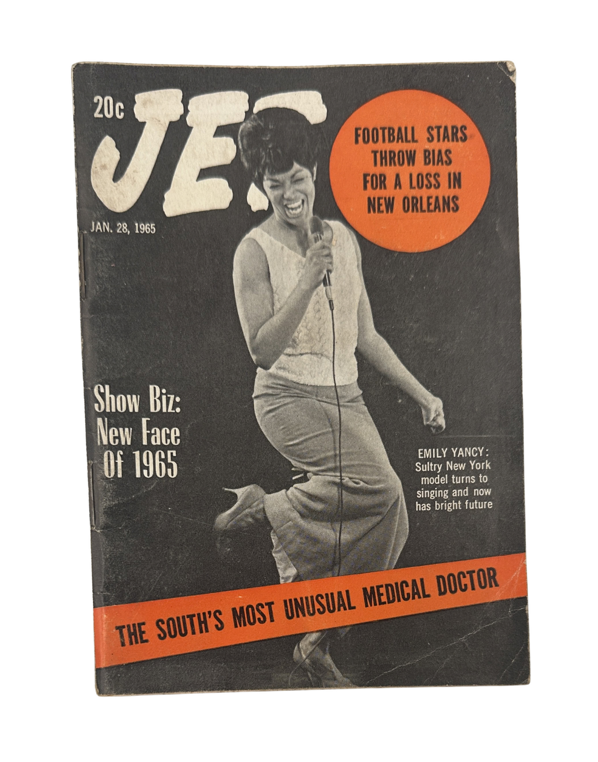 Jet Magazine January 28, 1965 featuring Emily Yancy on the cover, highlighting football stars and addressing issues of bias in New Orleans.