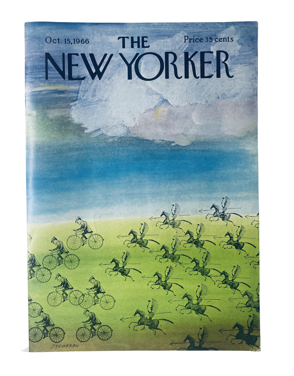 The New Yorker Magazine October 15, 1966 cover featuring a whimsical illustration by S. Steinberg with cyclists and horse riders on a green landscape, representing the magazine's unique style and vintage allure.