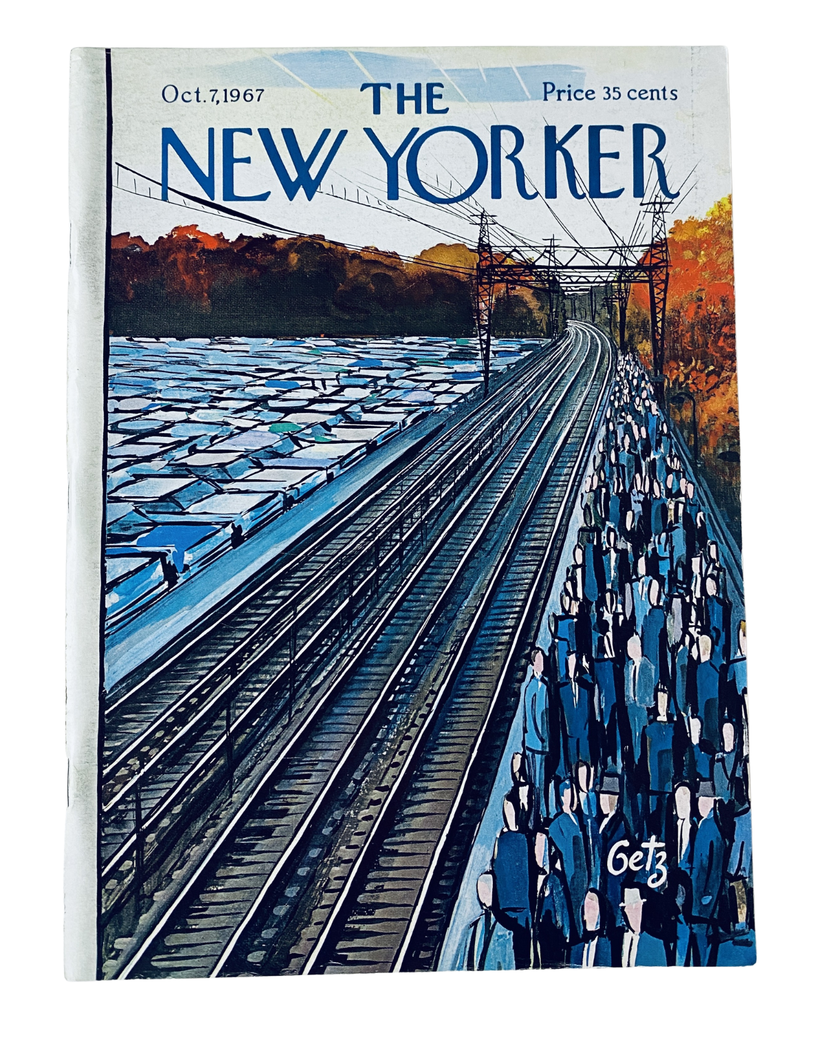 The New Yorker Magazine October 7, 1967 cover artwork by Arthur Getz depicting a commuter rail crowd, featuring train tracks and trees in autumn colors, in very good condition.