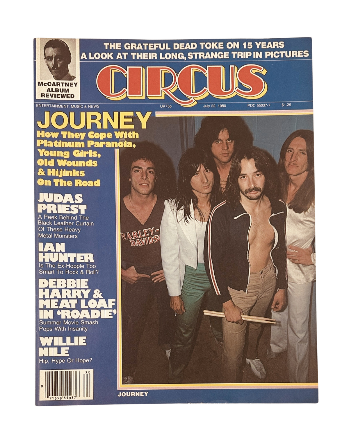 Cover of Circus Magazine dated July 22, 1980 featuring Journey, Judas Priest, Ian Hunter, and more. Discusses band journeys and includes headlines about rock music.