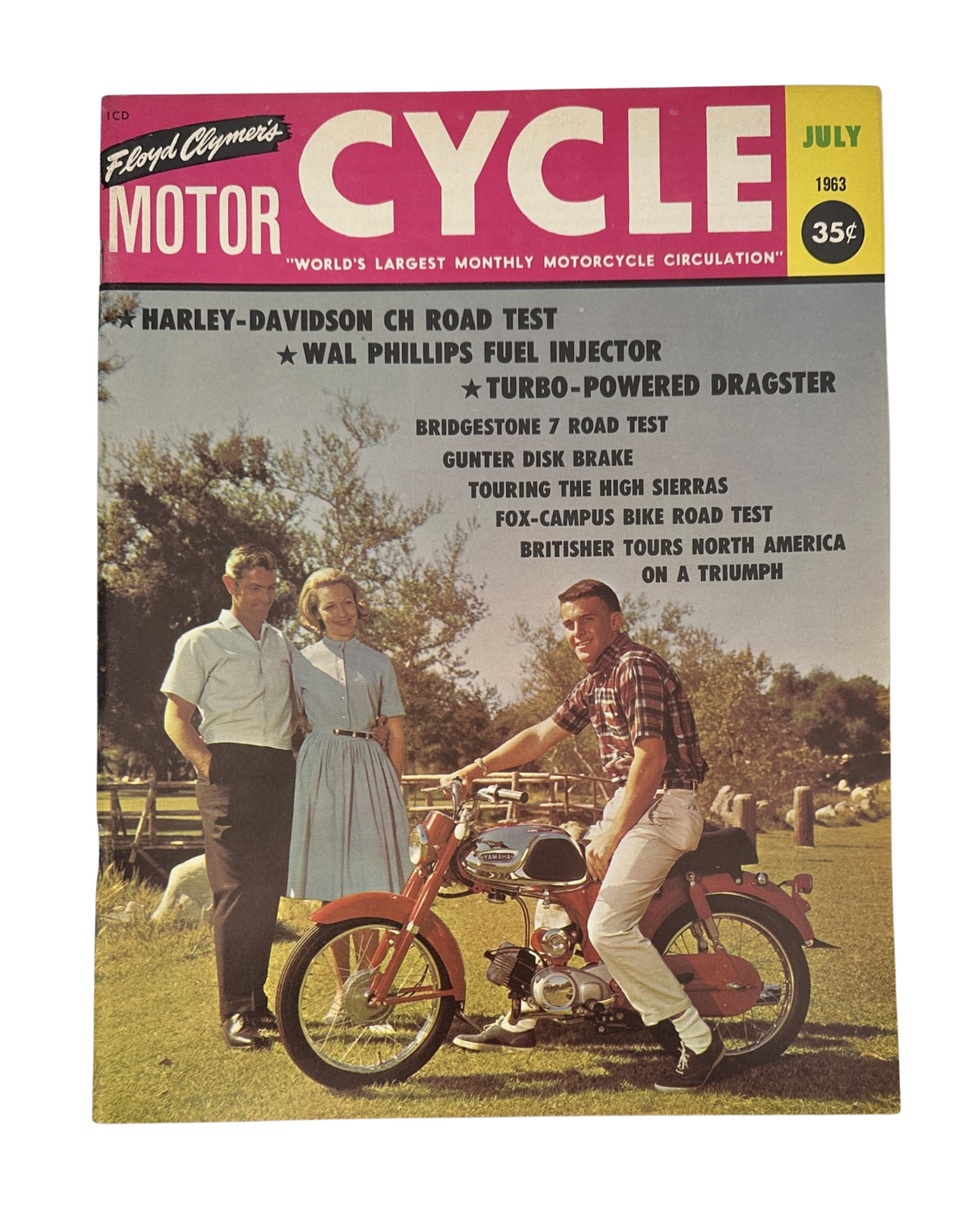 Cycle Magazine July 1963 cover featuring Harley-Davidson CH road test, Alongside Bridgestone 7 Road Test and Gunter Disc Brake articles.