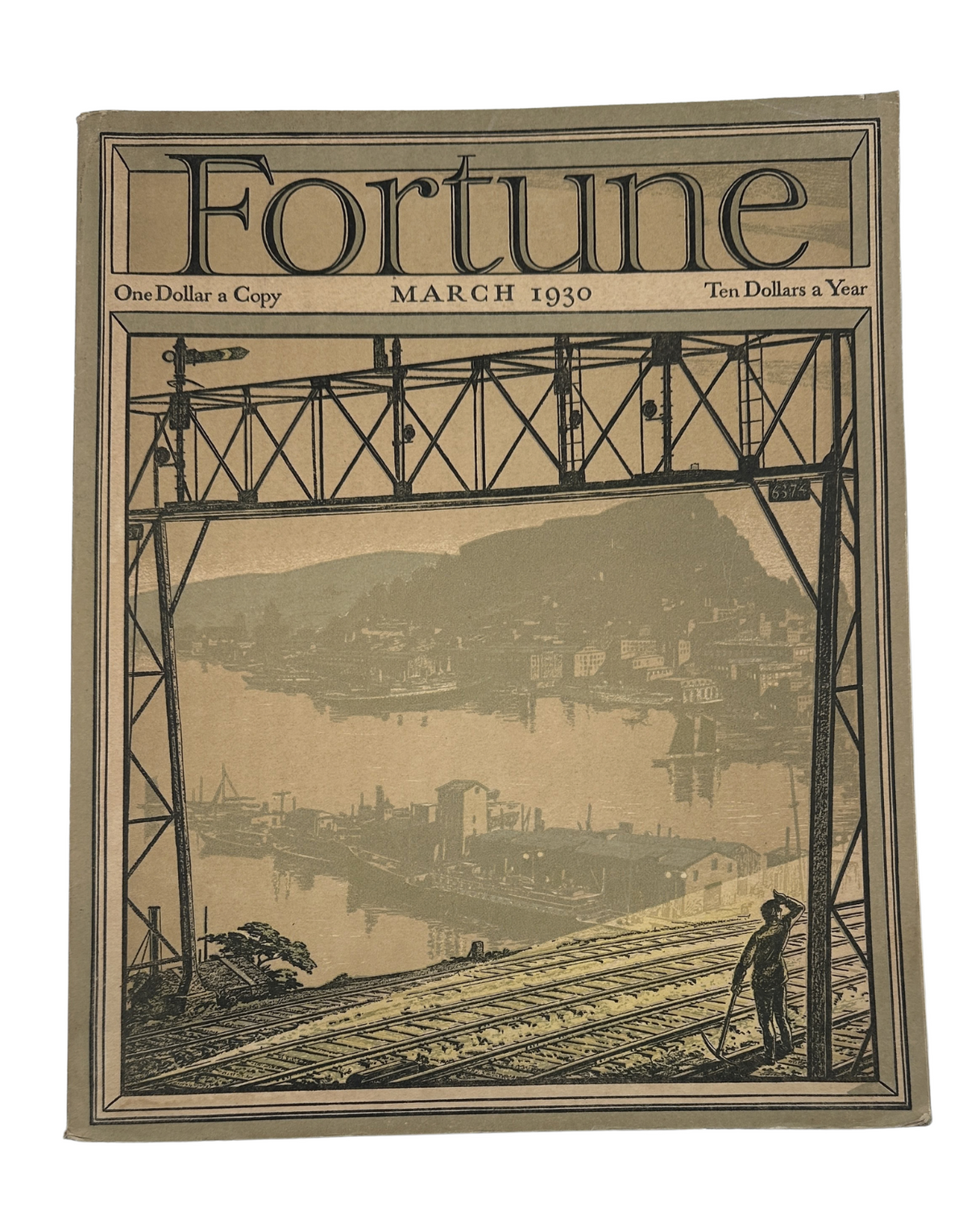 Fortune Magazine Cover March 1930 showcasing a rail bridge over a harbor, highlighting historical architecture and design.