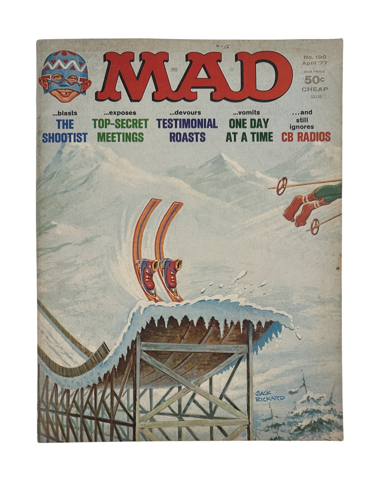 Cover of MAD Magazine No. 190 from April 1977 featuring the title 'MAD', with a cartoon depicting skis on a snowy roller coaster, and text referencing 'The Shootist' and 'Top-Secret Meetings'.