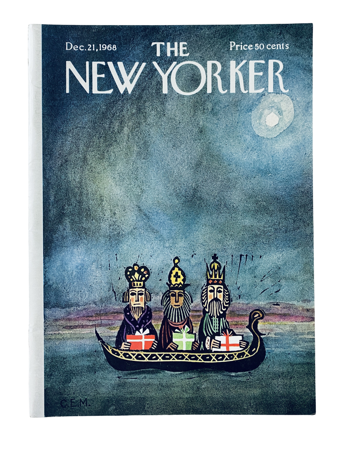 The New Yorker Magazine December 21, 1968 cover featuring three kings in a boat, showcasing a colorful and artistic illustration. The magazine is priced at 50 cents.