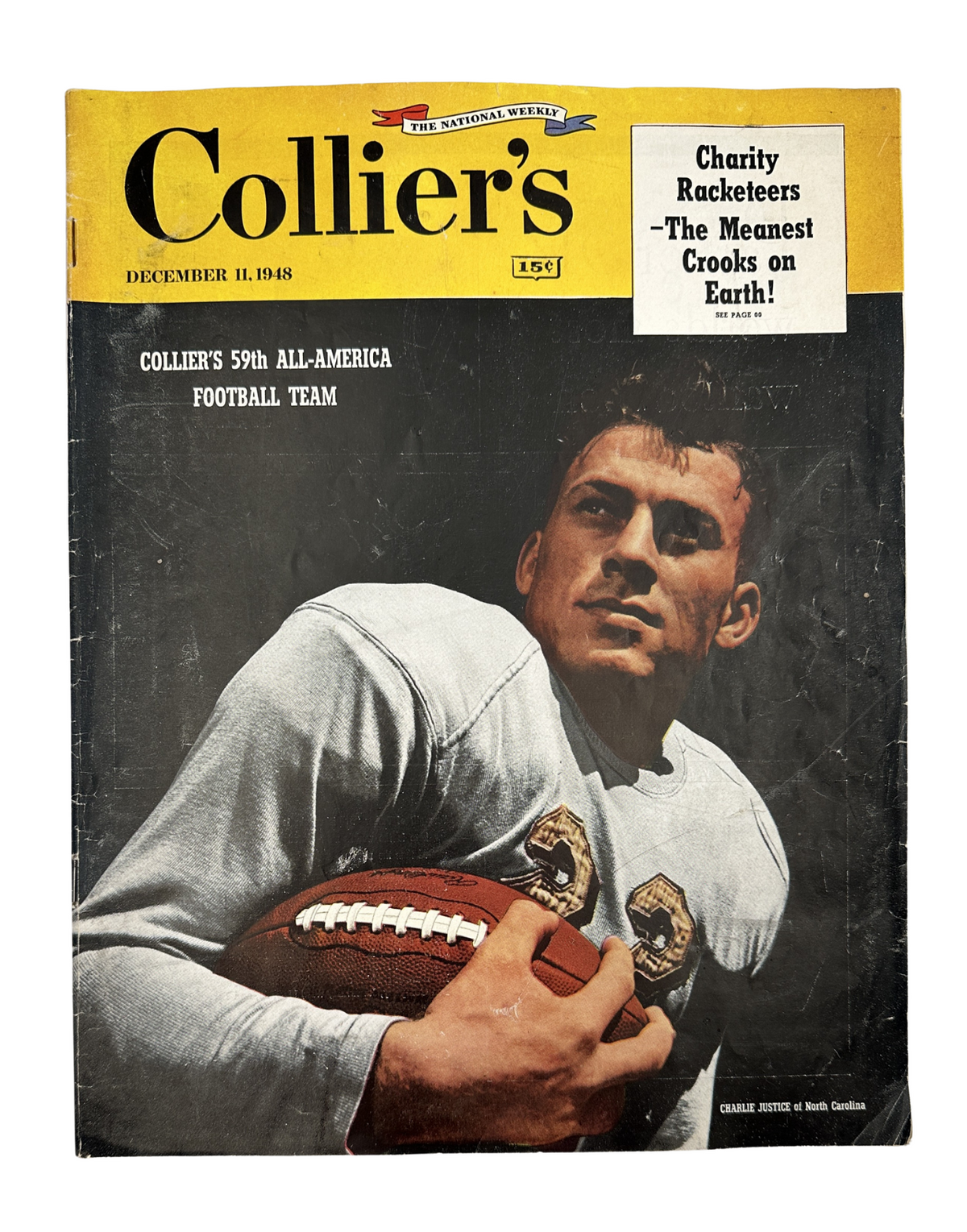 Cover of Collier’s Magazine, December 11, 1948 featuring a portrait of Charlie Justice holding a football, promoting the 59th All-America Football Team.
