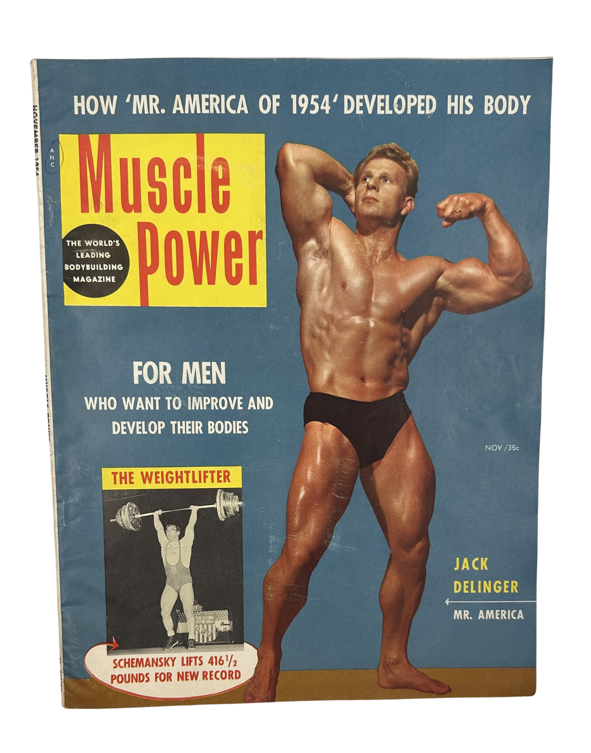 Cover of Muscle Power Magazine, November 1954 featuring Jack Delinger, Mr. America Winner, showcasing bodybuilding insights and techniques.