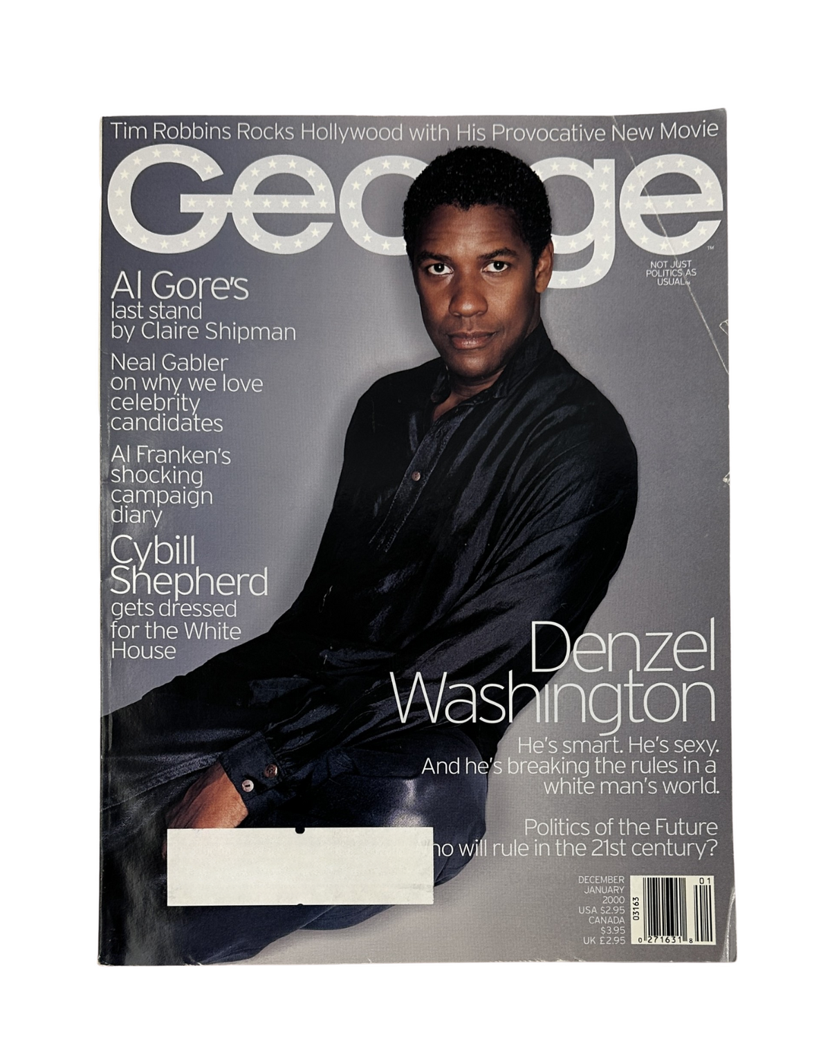 George Magazine December 2000 cover featuring Denzel Washington, showcasing him in a black silk shirt and black jeans, discussing politics and his views on Hollywood.