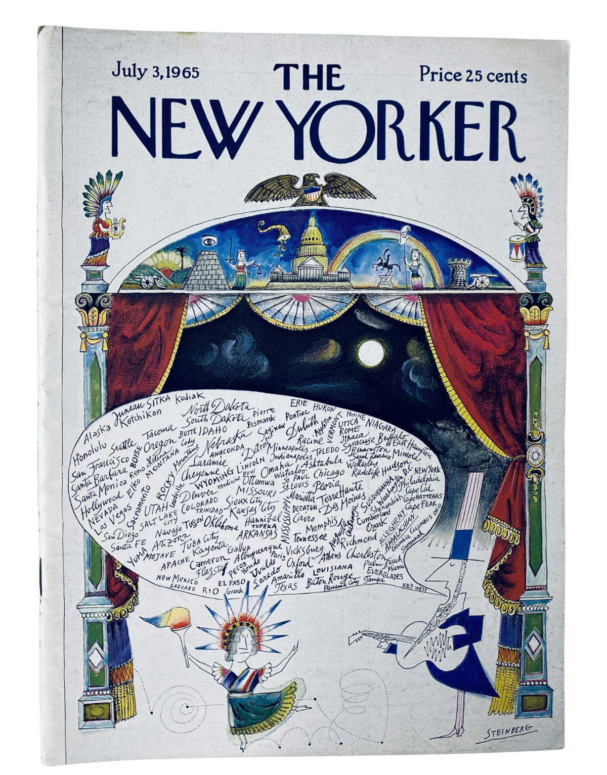 The New Yorker Magazine July 3, 1965 Saul Steinberg America Map Theater Cover featuring vibrant illustrations, iconic symbols representing America, and a theatrical curtain backdrop.