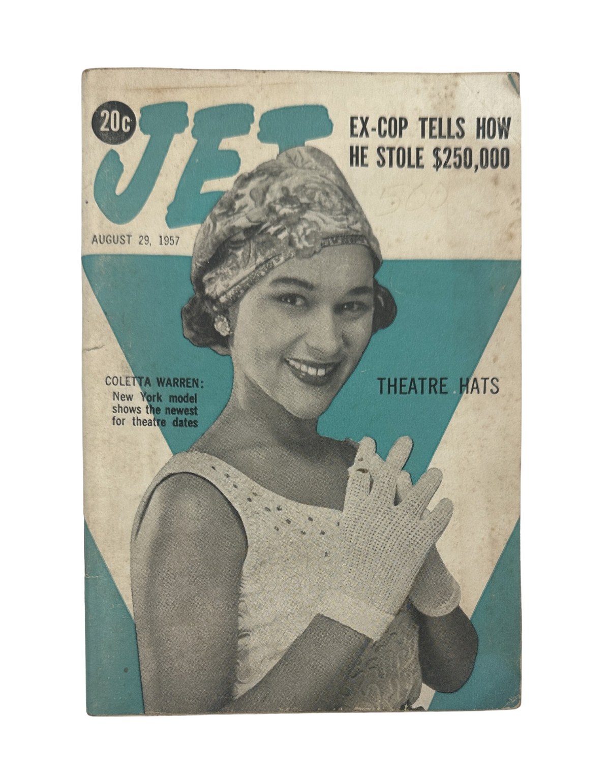 Jet Magazine August 29, 1957 featuring Colette Warren on the cover with the headline 'Theatre Hats' showcasing fashion in vintage media.