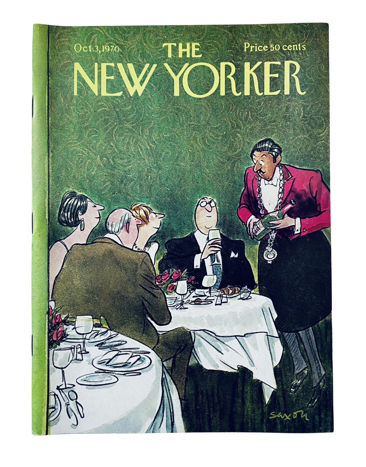 Cover of The New Yorker Magazine, October 3, 1970 featuring Charles Saxon's restaurant-themed artwork, depicting guests dining with a waiter.