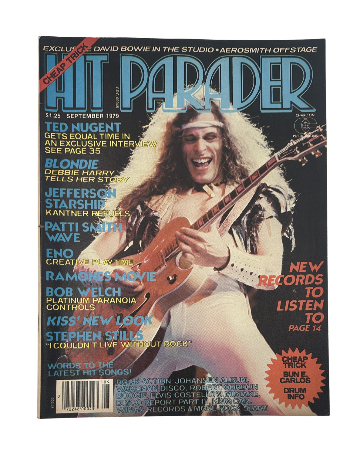 Hit Parader Magazine cover from September 1979 featuring Ted Nugent, Blondie, and Patti Smith, showcasing classic rock artists with vibrant graphics.