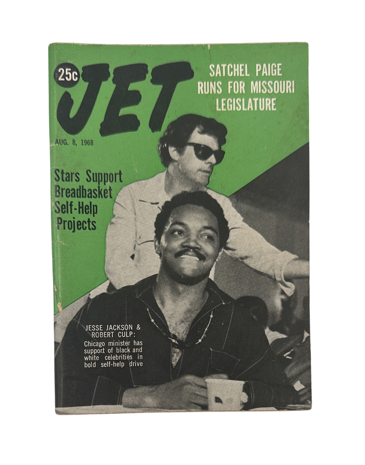 Jet Magazine August 8, 1968 featuring Jesse Jackson and Robert Culp on the cover, highlights Satchel Paige's campaign for Missouri Legislature and support for breadbasket self-help projects.