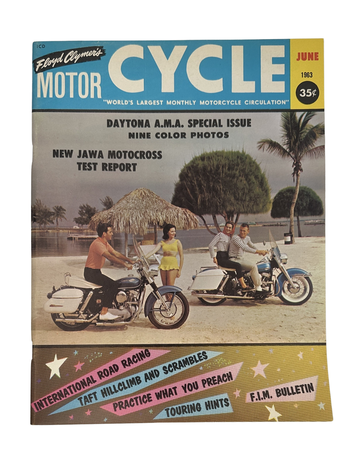 Cycle Magazine June 1963 cover featuring a Daytona A.M.A. special issue with new Jawa motocross test report and images of motorcyclists by the beach.