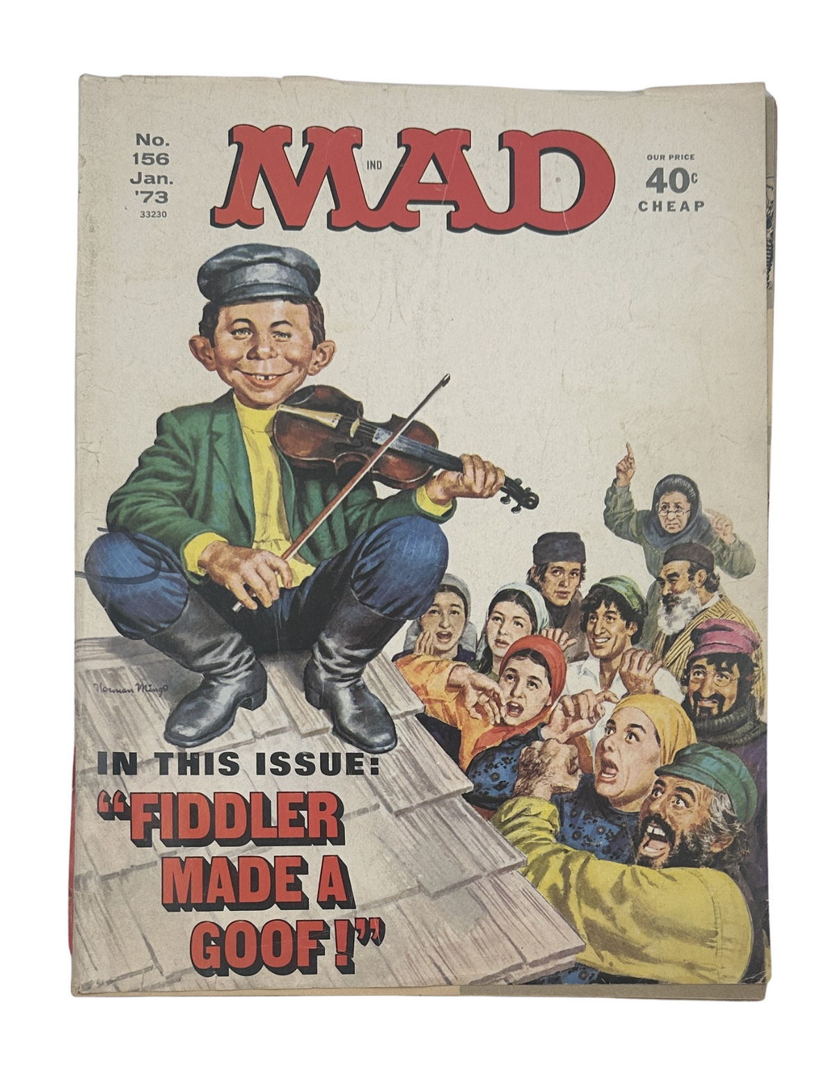 MAD Magazine No. 156 January 1973 cover featuring a caricature of a violinist with a crowd reacting. This issue includes the feature 'Fiddler Made a Goof!' along with other humorous content.