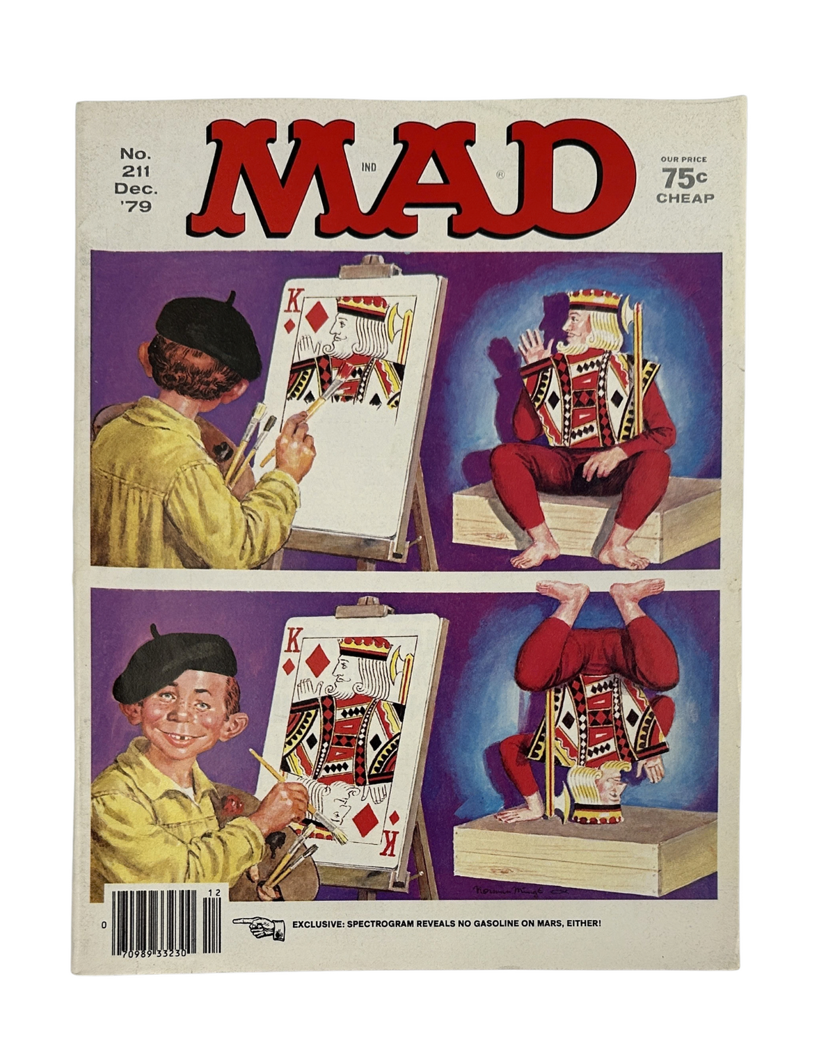 Cover of MAD Magazine #211 from December 1979 featuring a humorous illustration of a boy painting a playing card and an artist caricature. Title: MAD Magazine #211 December 1979 China Sin-Dome Movie Satire CHimps TV FN 6.0.