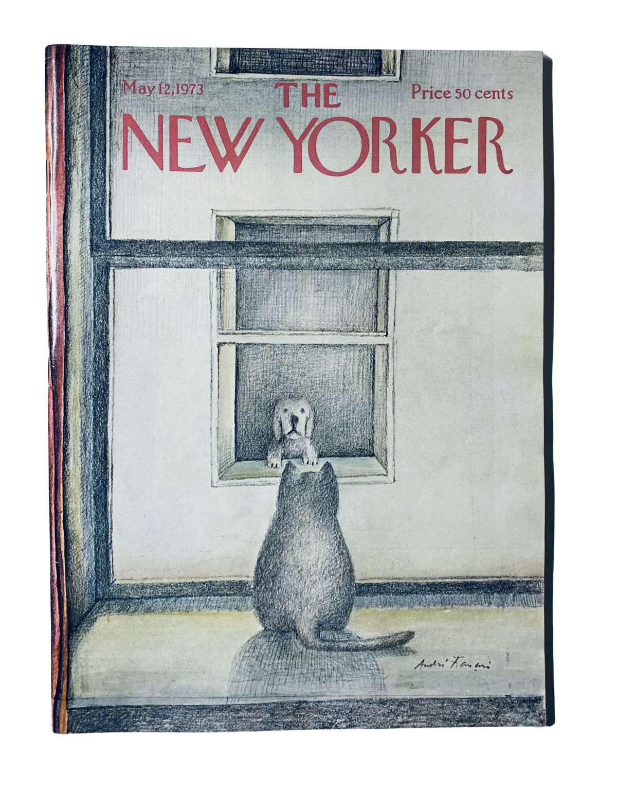 Cover of The New Yorker Magazine dated May 12, 1973, featuring a drawing of a cat looking through a window at a dog.