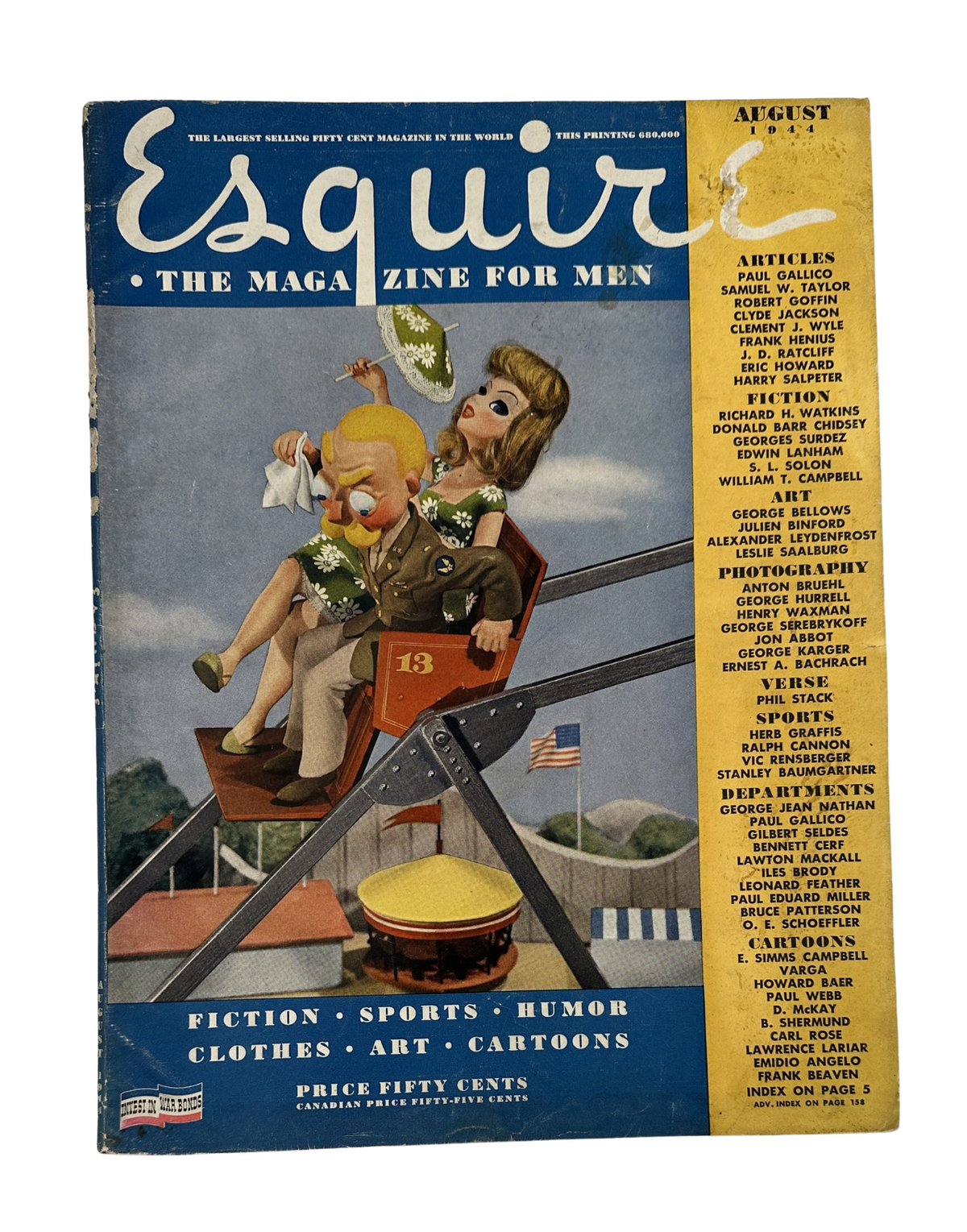 Esquire Magazine August 1944 cover featuring a unique cartoon illustration with a playful depiction of characters. The magazine includes articles, fiction, and humor for men.