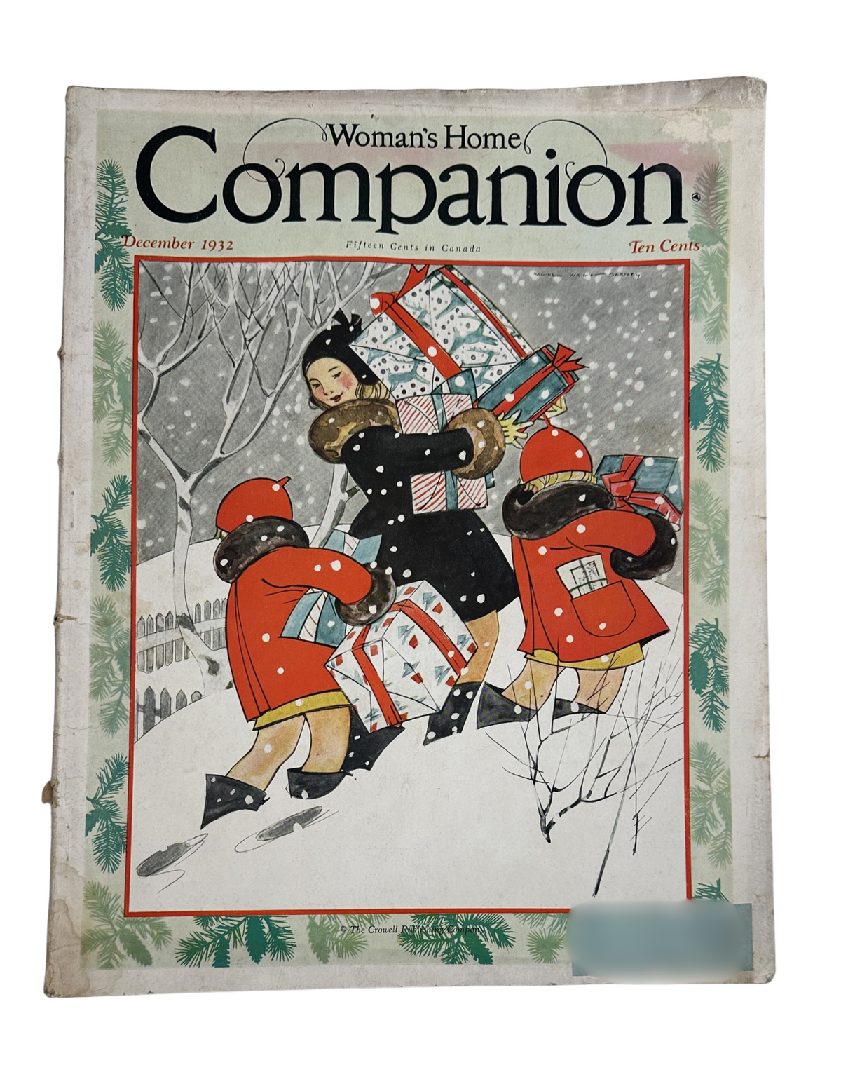 December 1932 cover of Woman’s Home Companion magazine featuring a winter scene with three figures carrying Christmas presents in a snowy landscape.