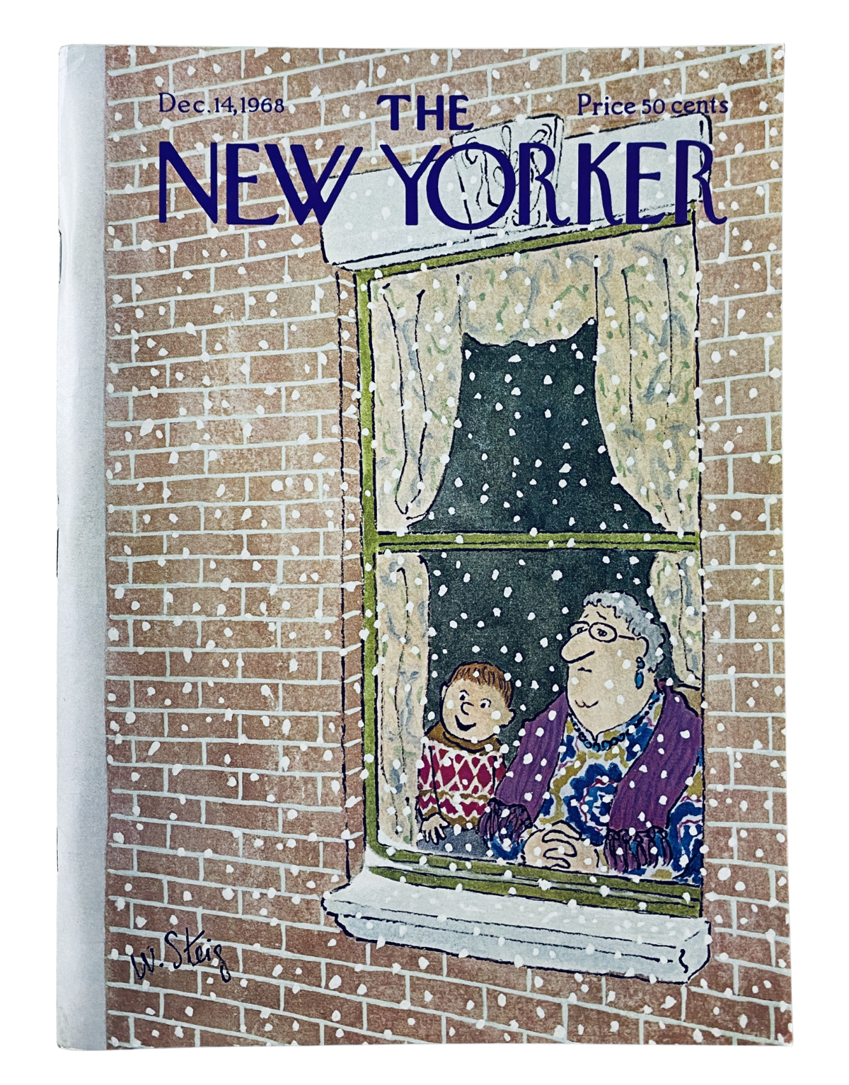 The New Yorker Magazine December 14, 1968 cover featuring an illustration by William Steig, depicting a winter scene with a woman and child looking out a window at falling snow.