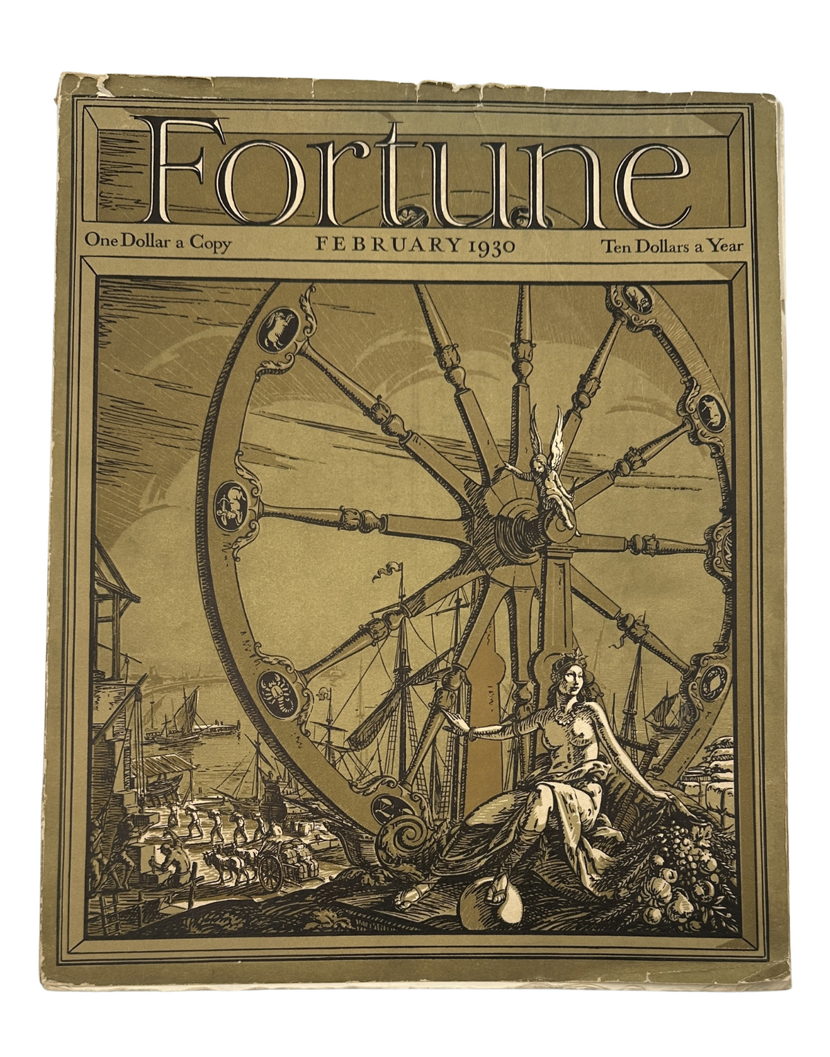 Cover of Fortune Magazine, February 1930 featuring a prominent Ferris wheel illustration and harbor scene, titled 'Fortune Magazine February 1930 Ferris Wheel Harbor Premier #1 First Issue Rothschilds RCA Markets'.