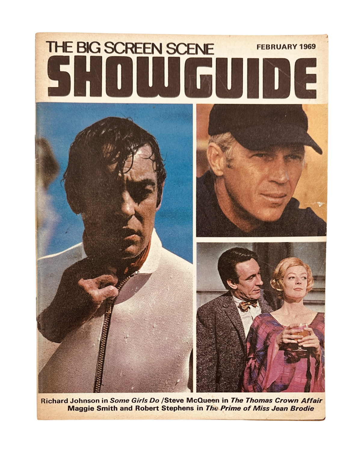Cover of Showguide Magazine February 1969 featuring Steve McQueen in The Thomas Crown Affair and Maggie Smith in The Prime of Miss Jean Brodie, showcasing iconic film stars from the late 1960s.