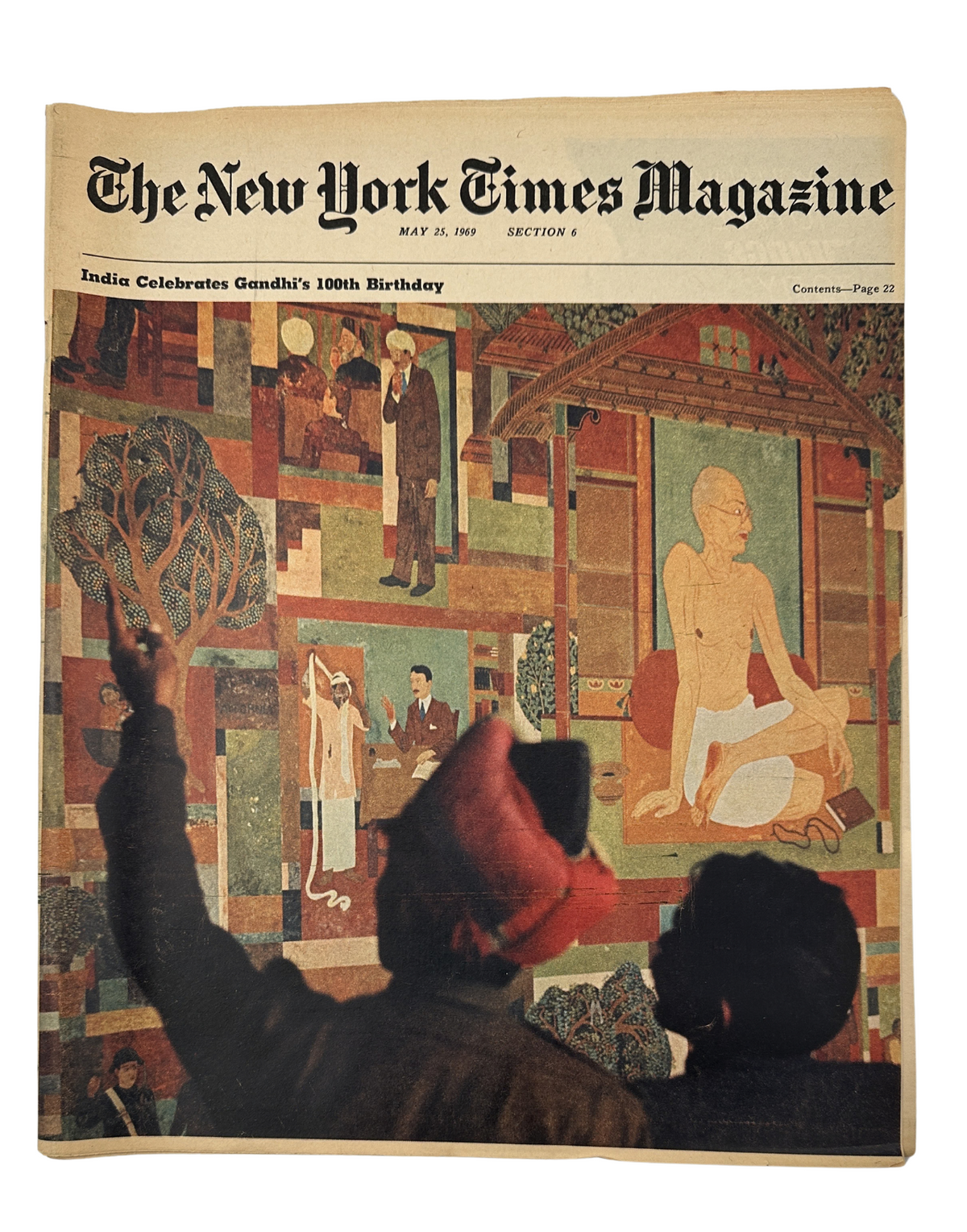 The New York Times Magazine May 25, 1969 featuring a cover illustration that celebrates Gandhi's 100th birthday, showing a scene from the memorial pavilion in New Delhi where Gandhi was honored.