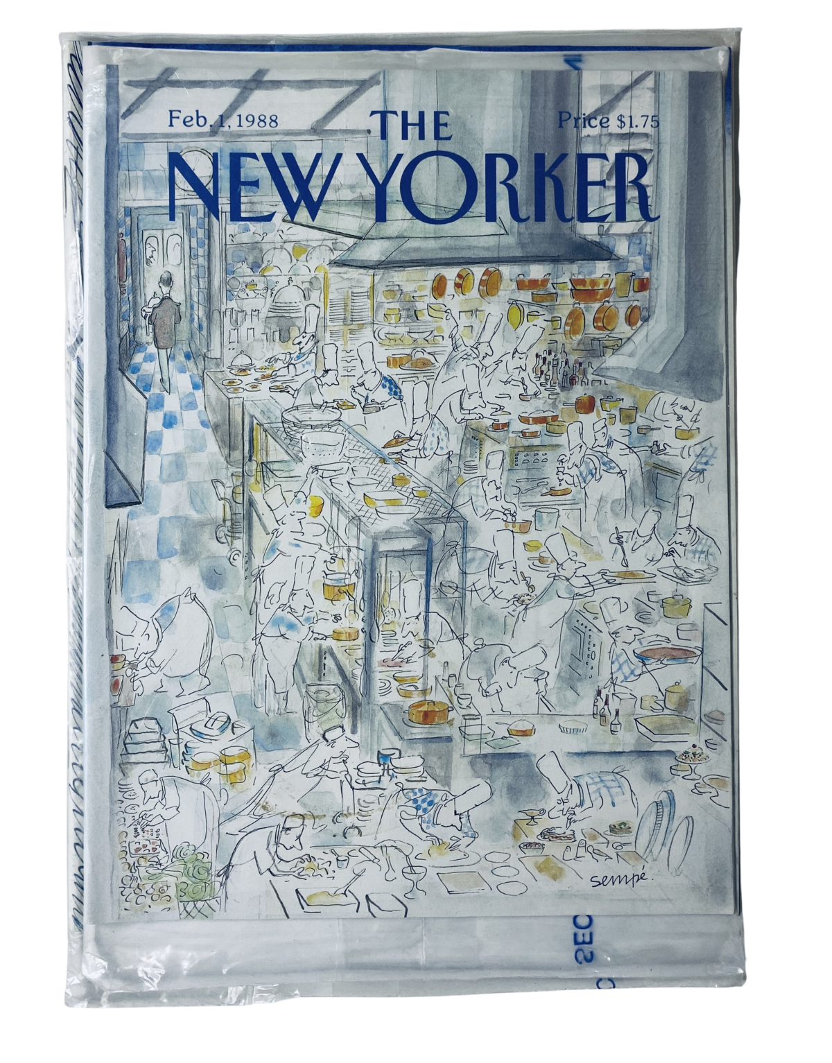 SEALED The New Yorker Magazine February 1, 1988 featuring an illustration by Sempé showcasing a bustling restaurant kitchen scene.