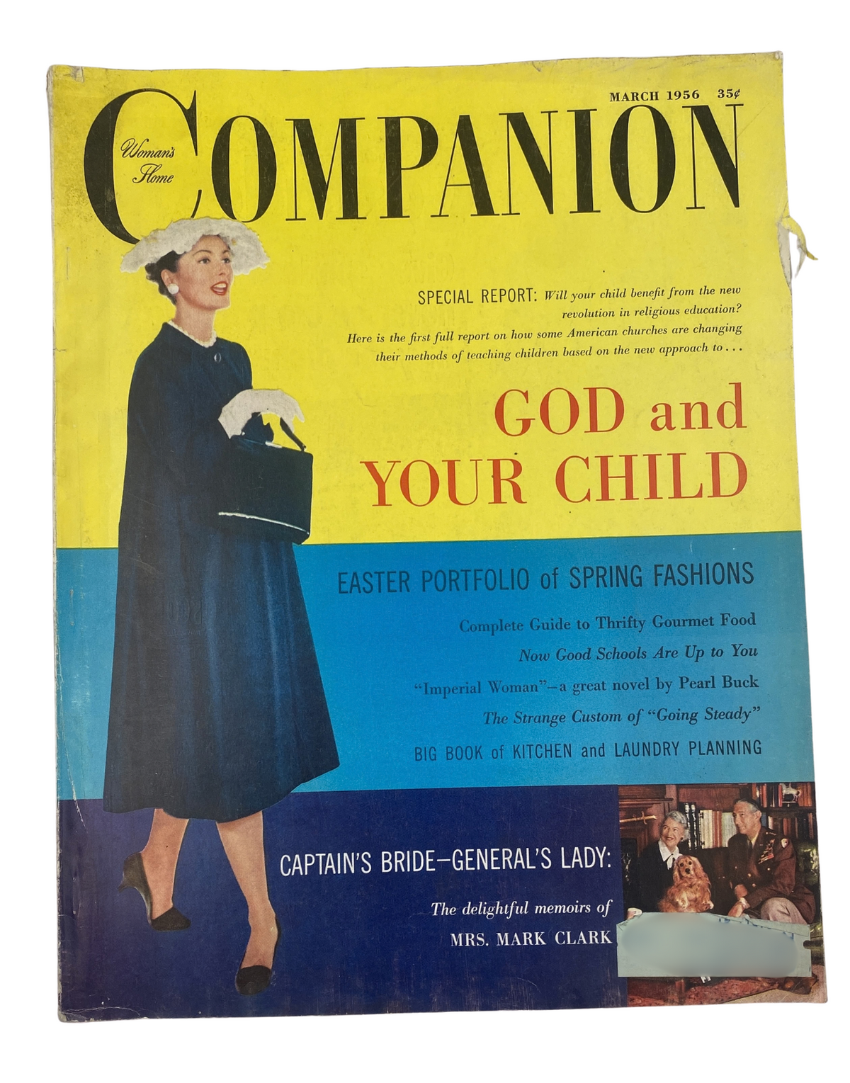 Woman’s Home Companion Magazine March 1956 cover featuring the title 'God and Your Child', showcasing a blonde woman in a stylish hat and a fashionable outfit. The magazine emphasizes Spring fashions and includes articles on parenting, good schools, and homemaking.