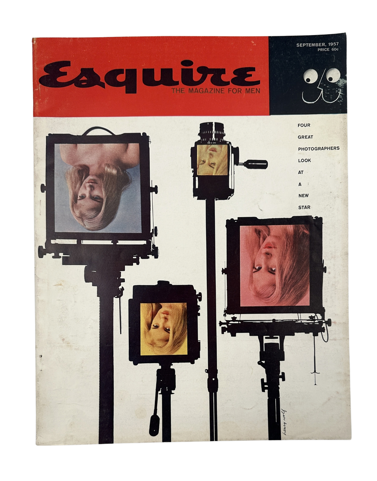 Cover of Esquire Magazine from September 1957 featuring a striking design with four great photographers looking at a new star. The cover showcases a mix of vibrant colors and unique imagery.